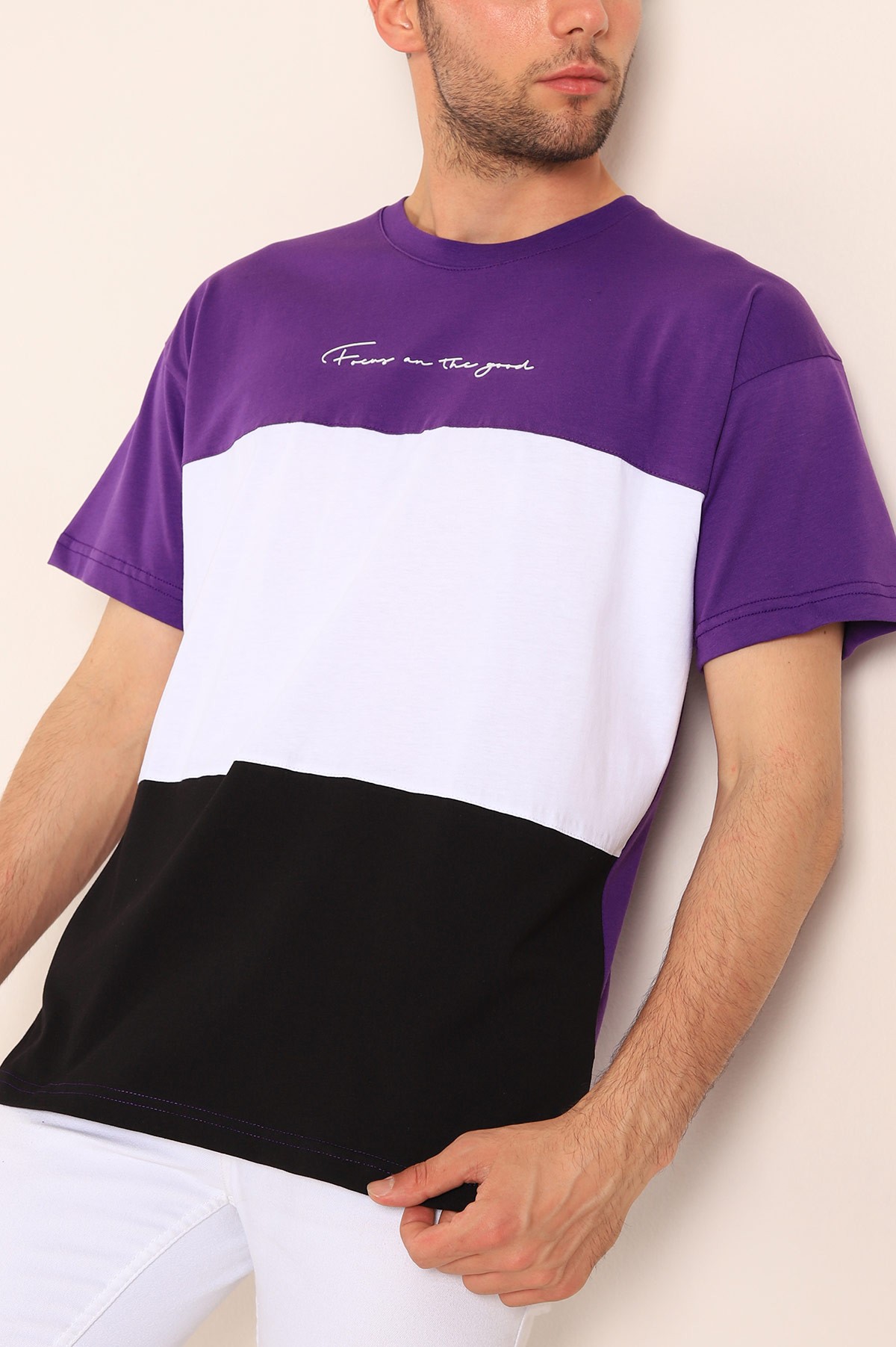 Mor Oversize Parçalı Yazı Detay Erkek Tişört 186707