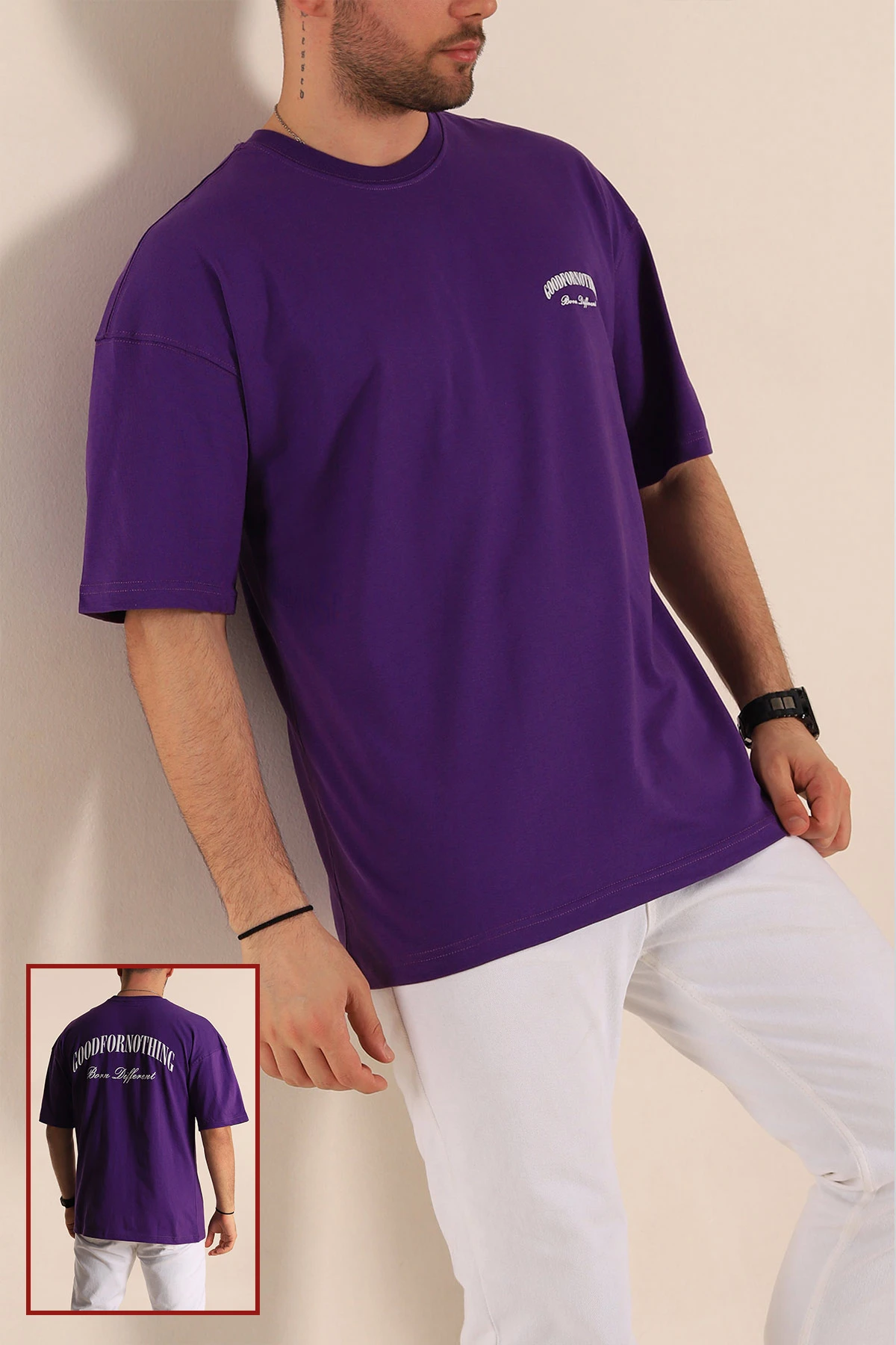 Mor Oversize Suprem Kumaş Sırt Baskılı Erkek Tişört 267368