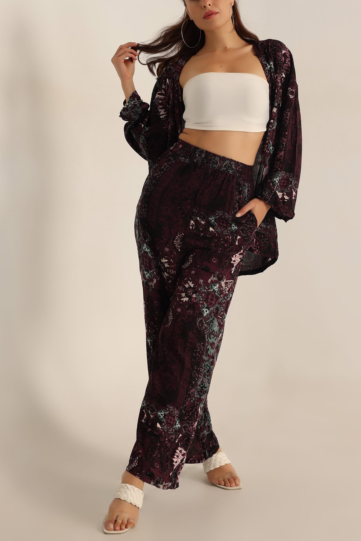 Mor Pantolon Kimono Dokuma İkili Takım 196947