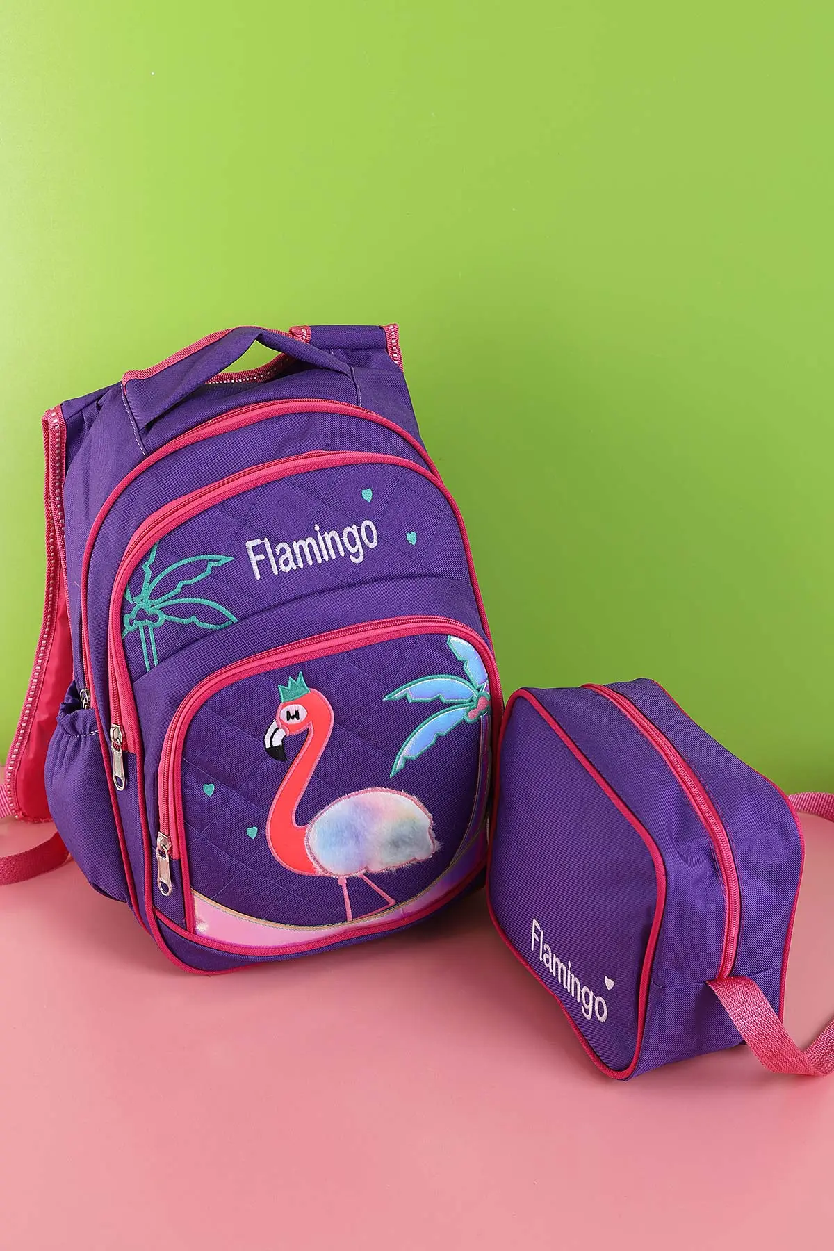 Mor Peluş Flamingo Kabartma Desenli Beslenme Çantalı İkili Sırt Çantası Seti 288992