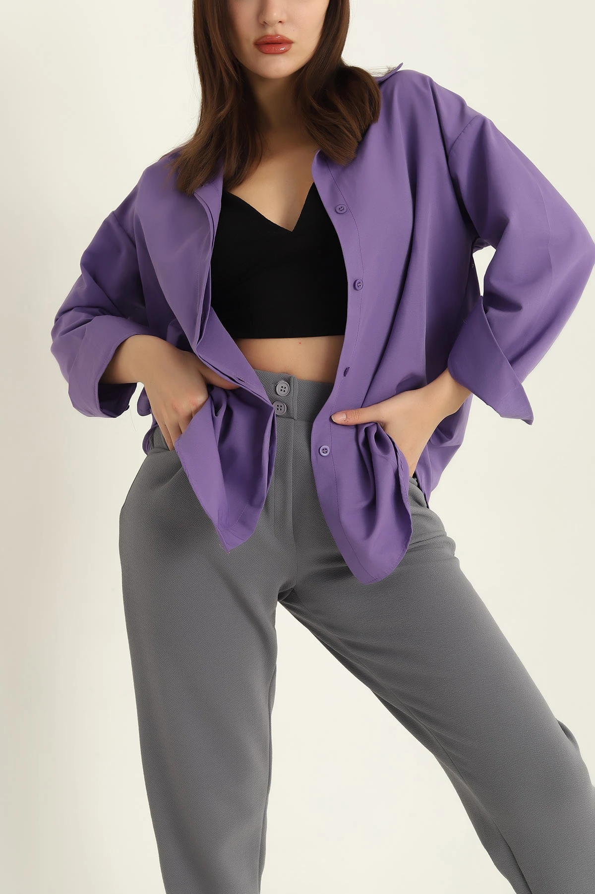 Mor Poplin Kumaş Gizli Pat Kadın Gömlek 321935