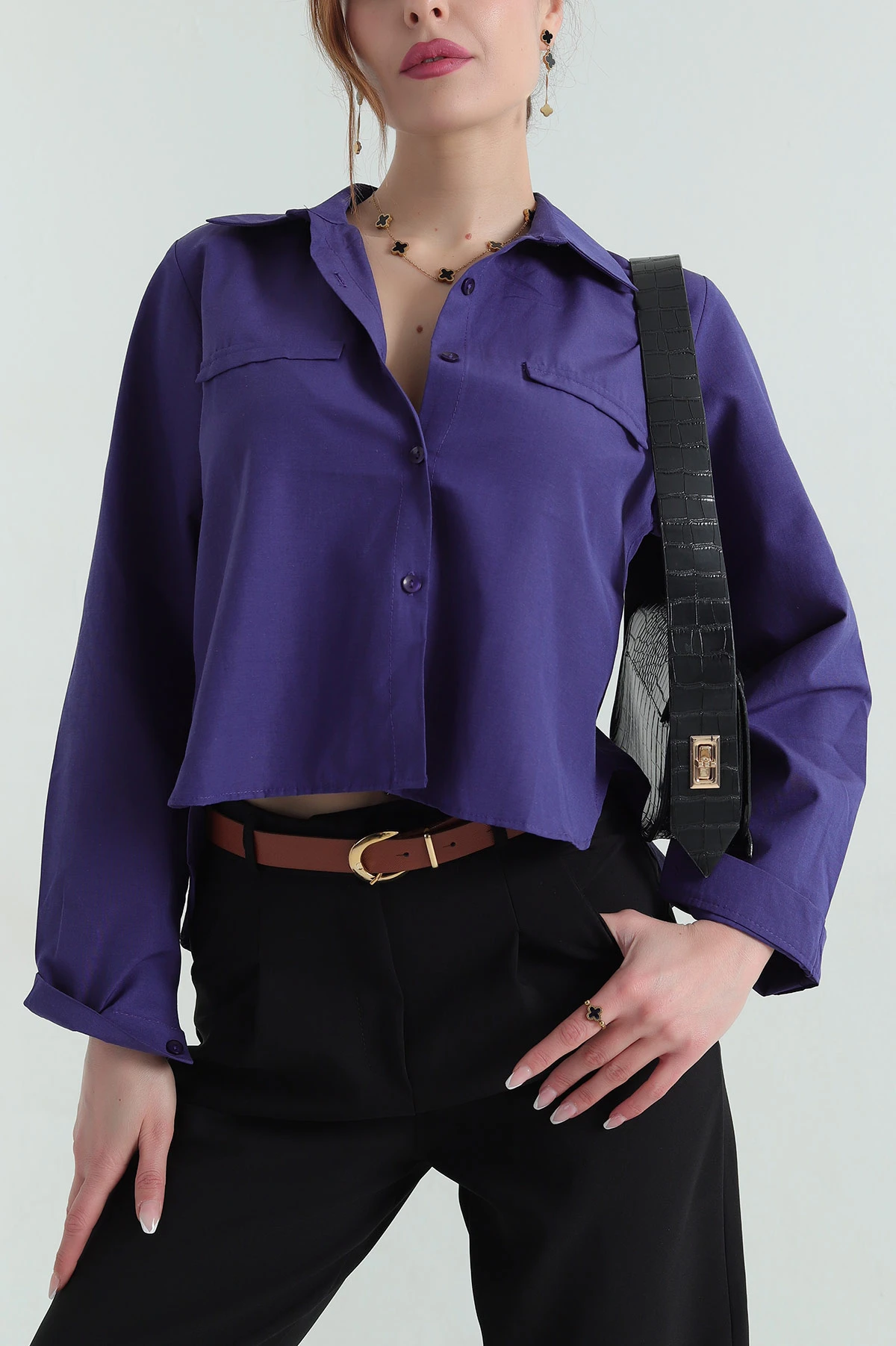 Mor Poplin Kumaş Kadın Crop Gömlek 355799