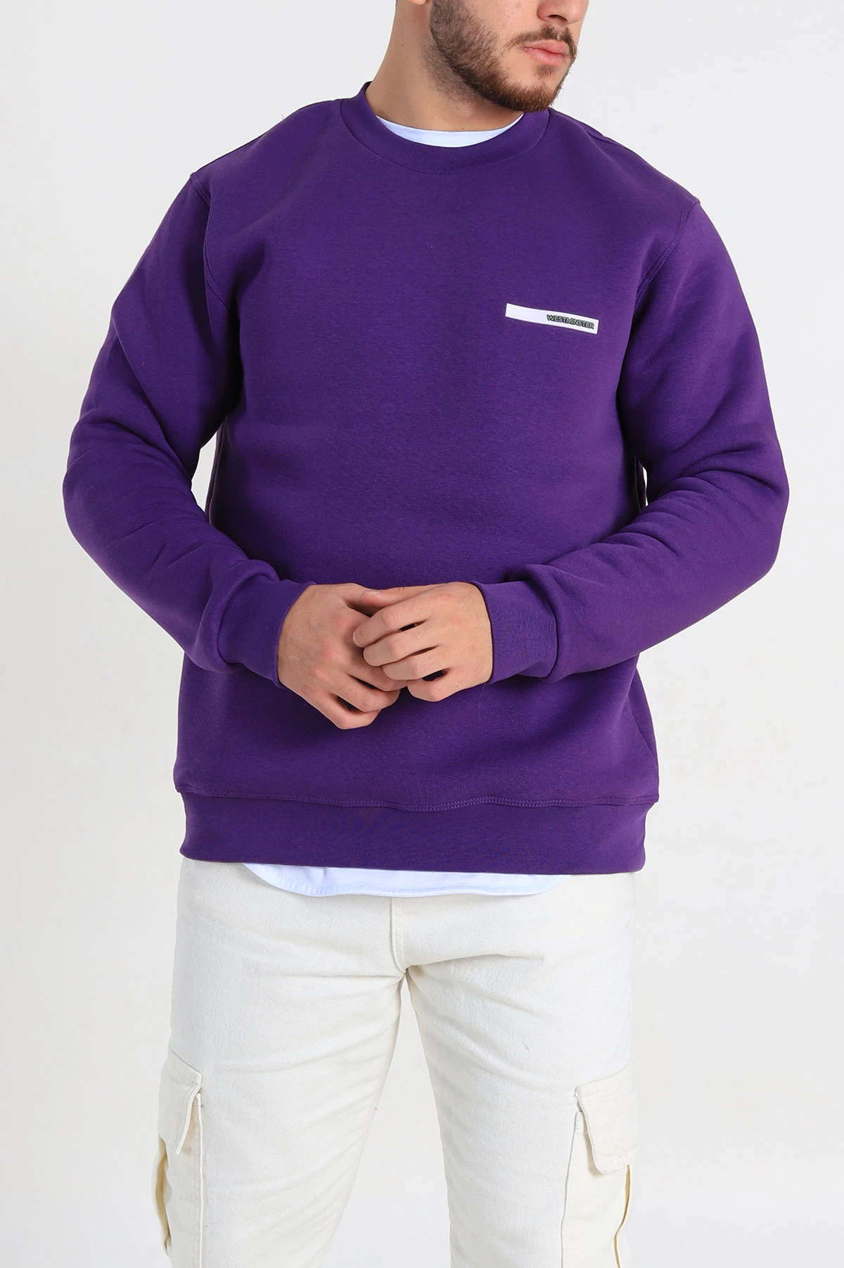 Mor Relaxed Fit Üç İp Şardonlu Kabartma Detaylı Erkek Sweatshirt 309902