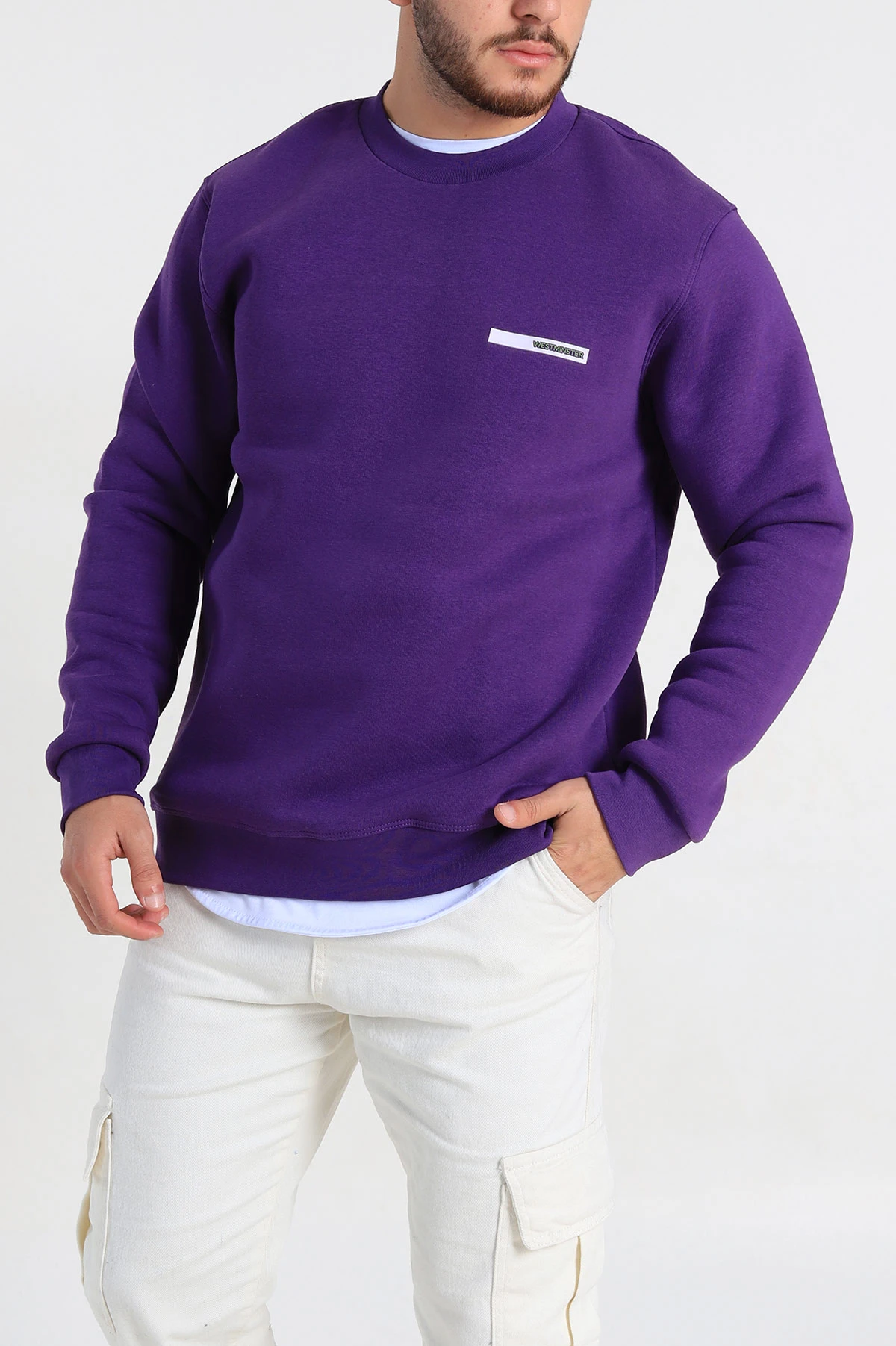 Mor Relaxed Fit Üç İp Şardonlu Kabartma Detaylı Erkek Sweatshirt 309902