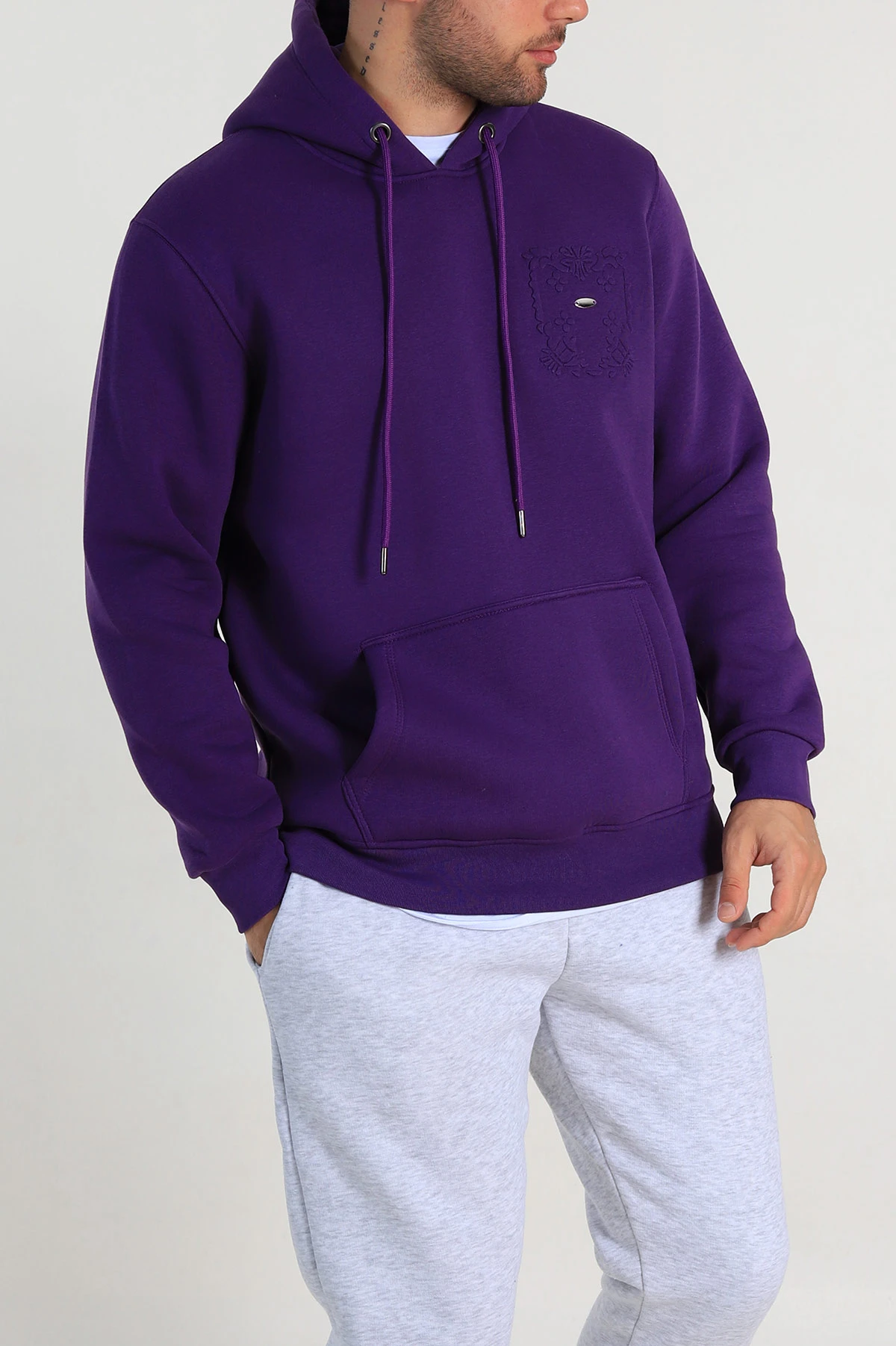 Mor Relaxed Fit Üç İp Şardonlu Kabartma Detaylı Erkek Sweatshirt 311126
