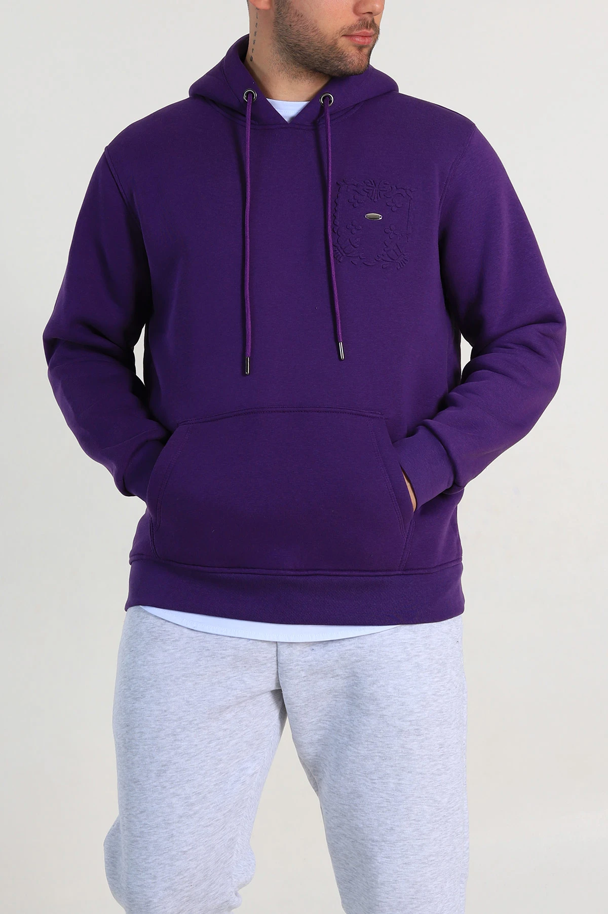 Mor Relaxed Fit Üç İp Şardonlu Kabartma Detaylı Erkek Sweatshirt 311126