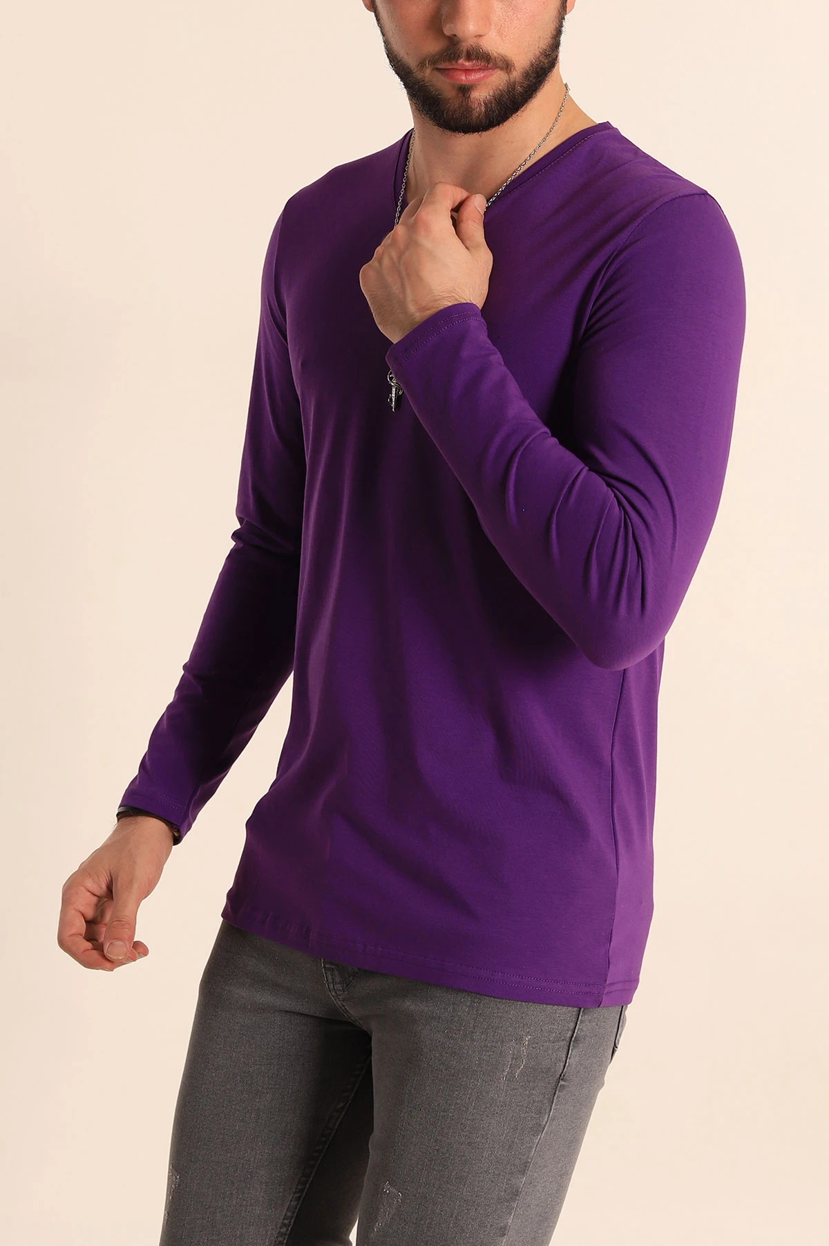 Mor Slim Fit V Yaka Likralı Basic Erkek Sweatshirt 234990