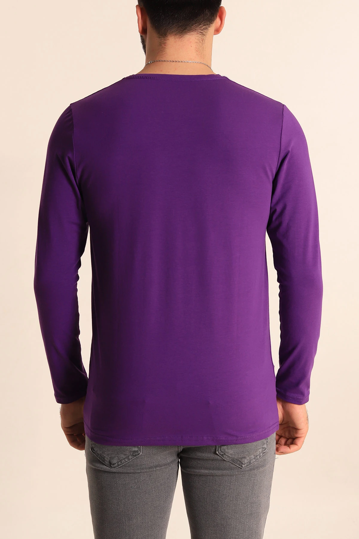 Mor Slim Fit V Yaka Likralı Basic Erkek Sweatshirt 234990