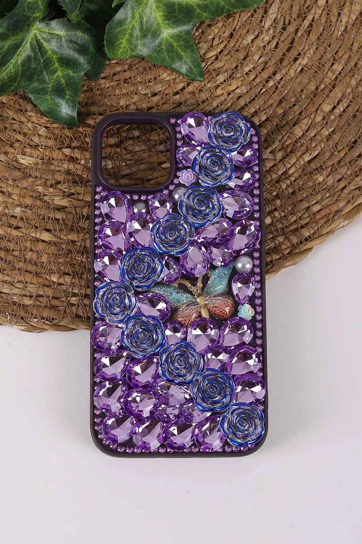 Mor TeknoCase İPhone 13 Uyumlu Daisy Case Serisi Taşlı Vakumlu Sert Silikon Telefon Kılıfı 431027