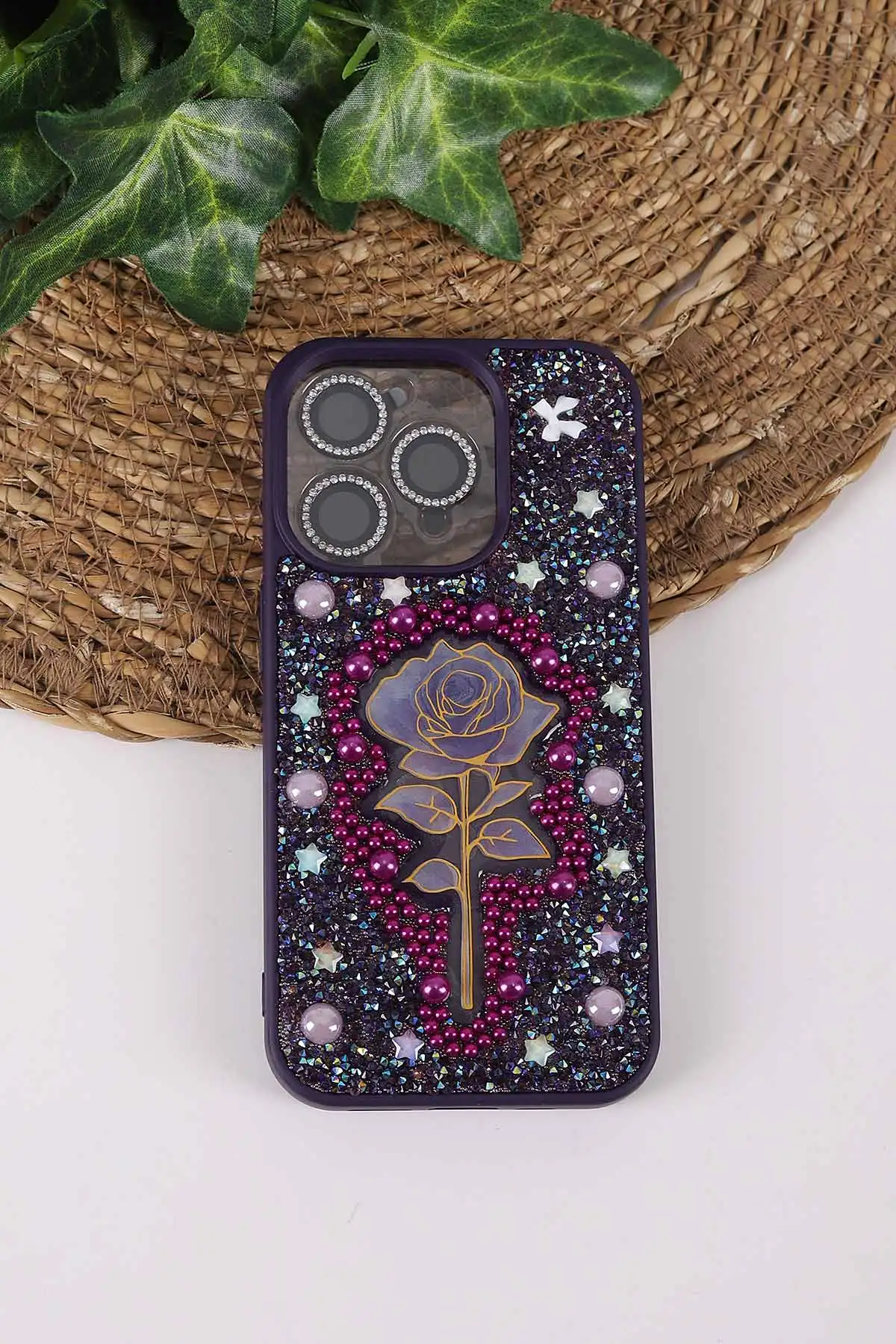 Mor TeknoCase İPhone 15 Pro Max Uyumlu Afra Diamond Case Serisi Lens Hediyeli Premium Sert Silikon Telefon Kılıfı 430536
