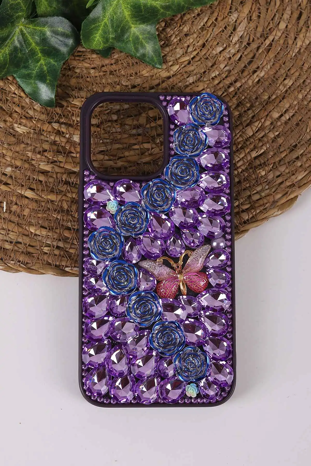 Mor TeknoCase İPhone 15 Pro Max Uyumlu Daisy Case Serisi Taşlı Vakumlu Sert Silikon Telefon Kılıfı 431078