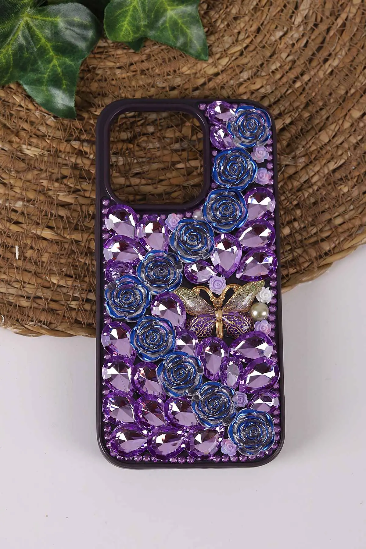 Mor TeknoCase İPhone 15 Pro Uyumlu Daisy Case Serisi Taşlı Vakumlu Sert Silikon Telefon Kılıfı 431070