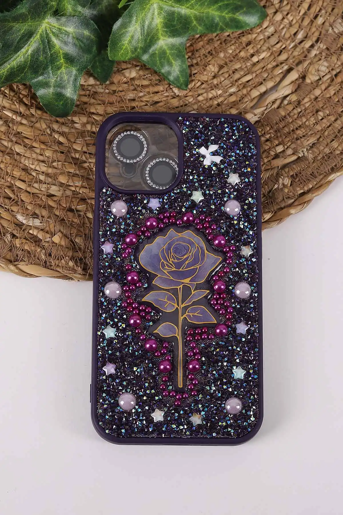 Mor TeknoCase İPhone 15 Uyumlu Afra Diamond Case Serisi Lens Hediyeli Premium Sert Silikon Telefon Kılıfı 430525