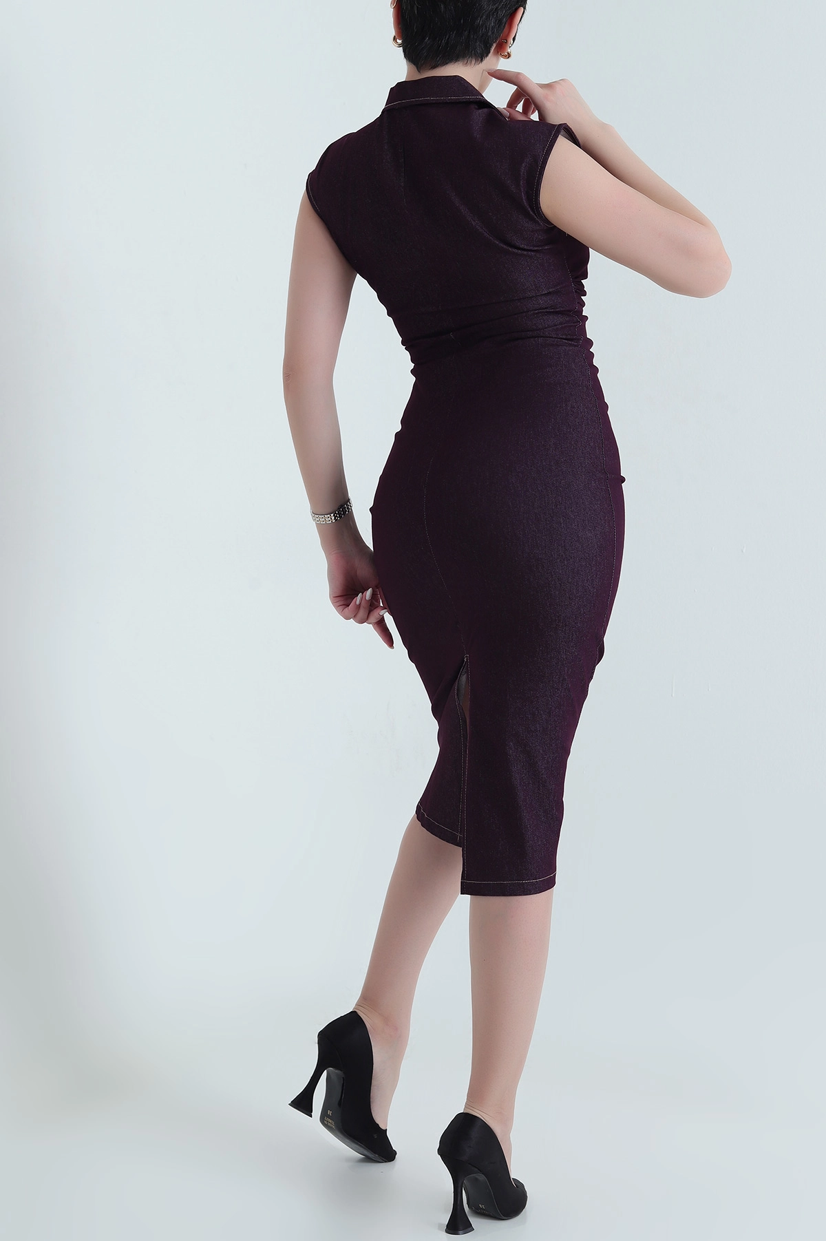 Mor Tencel Kot Kolsuz Drapeli Kadın Elbise 445996