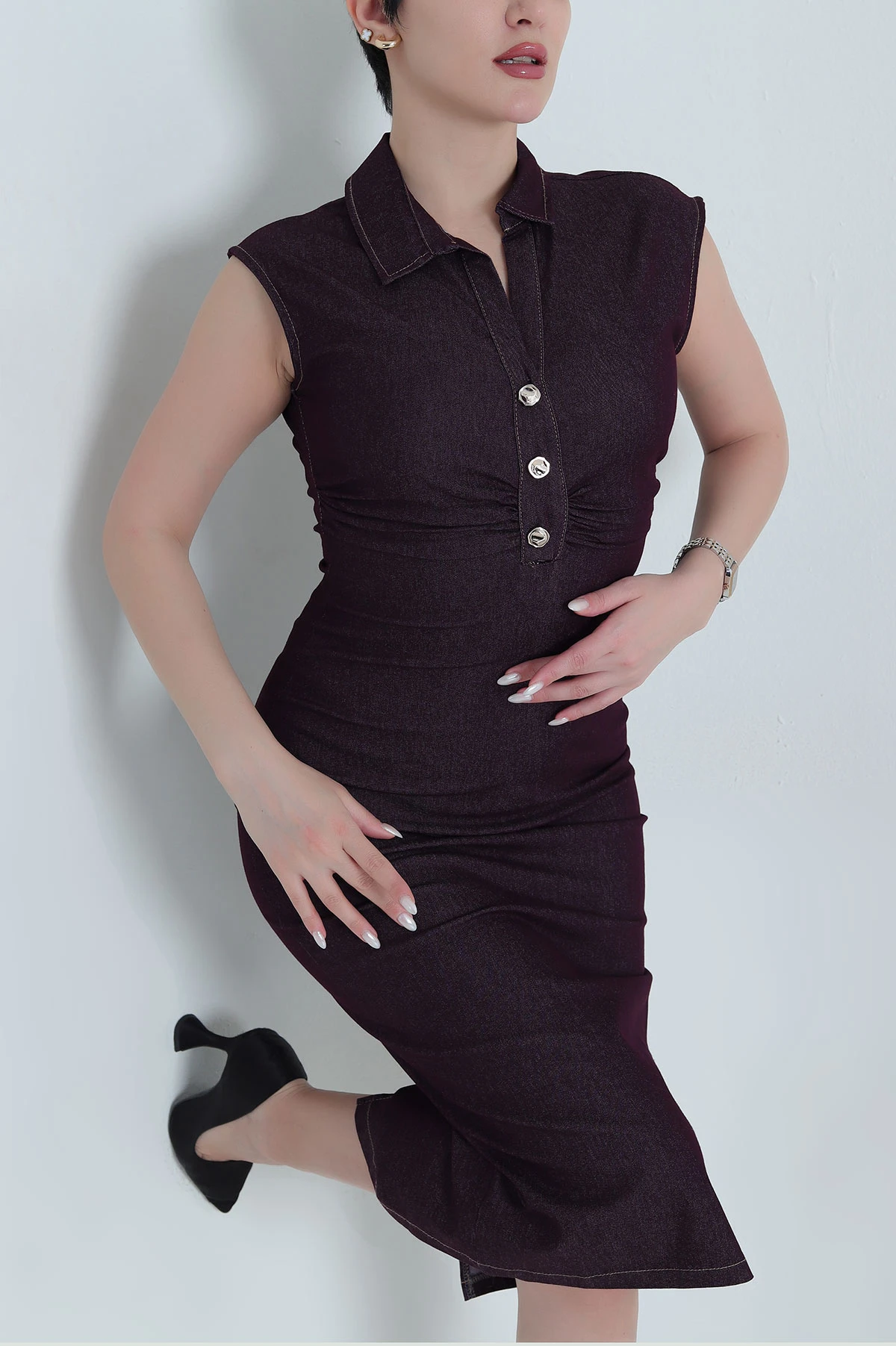 Mor Tencel Kot Kolsuz Drapeli Kadın Elbise 445996