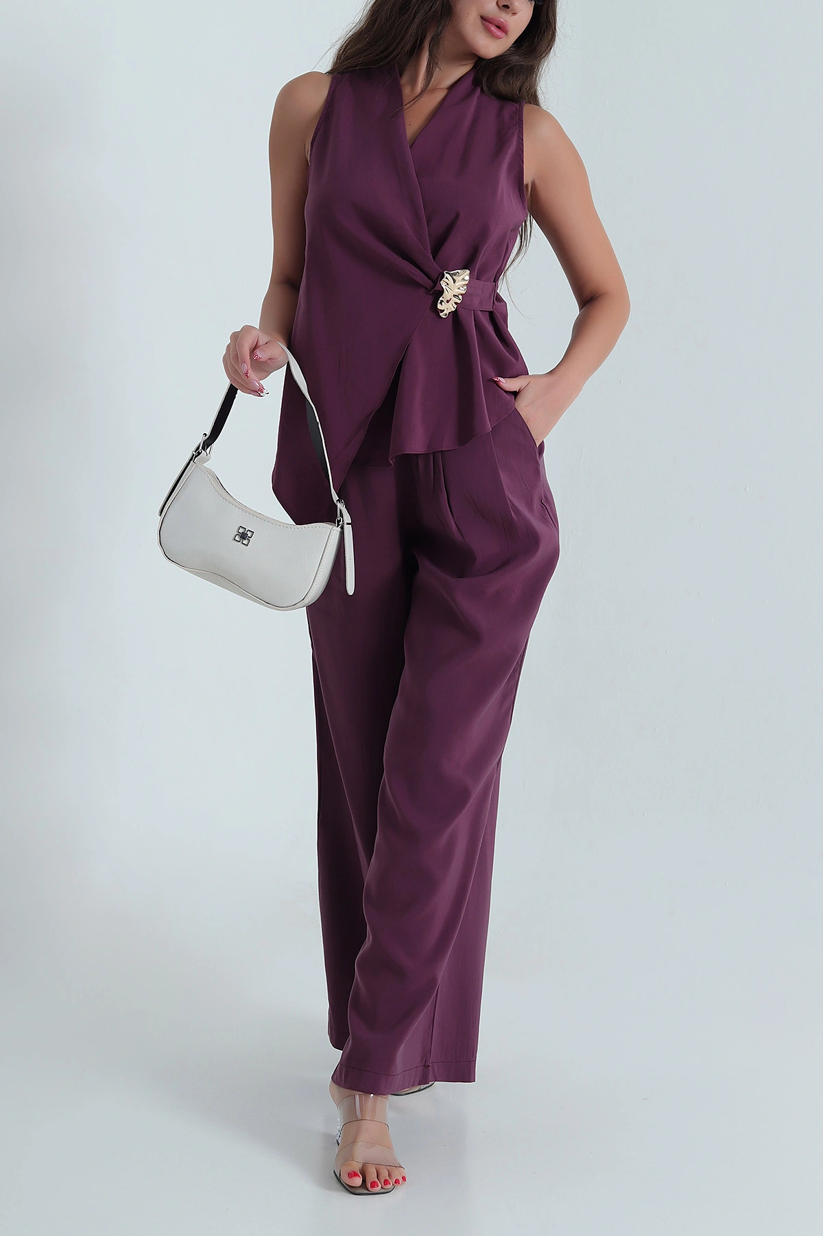 Mor Tokalı Tencel Bluz Pantolon Kadın İkili Takım 472324
