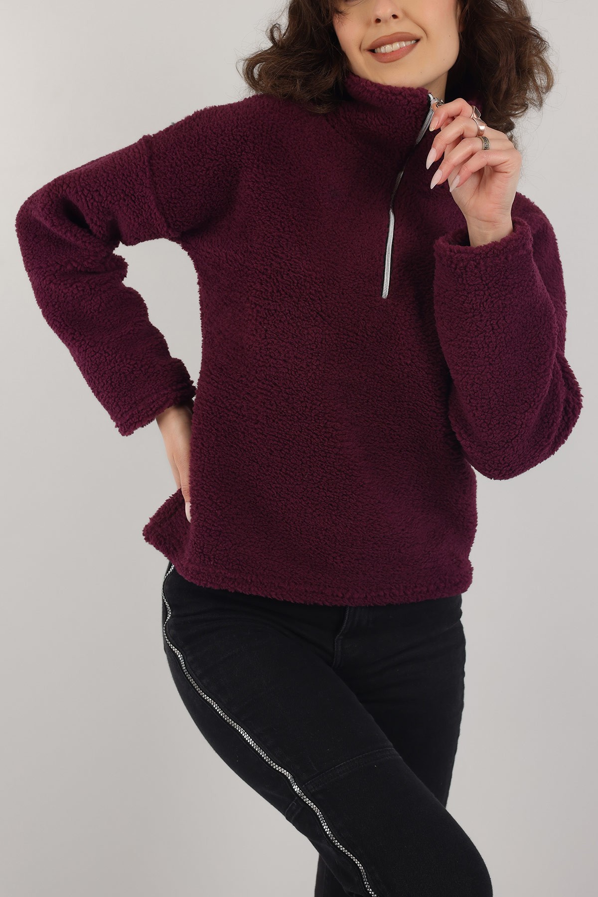 Mor Yarım Fermuarlı Yumoş Sweat 153486