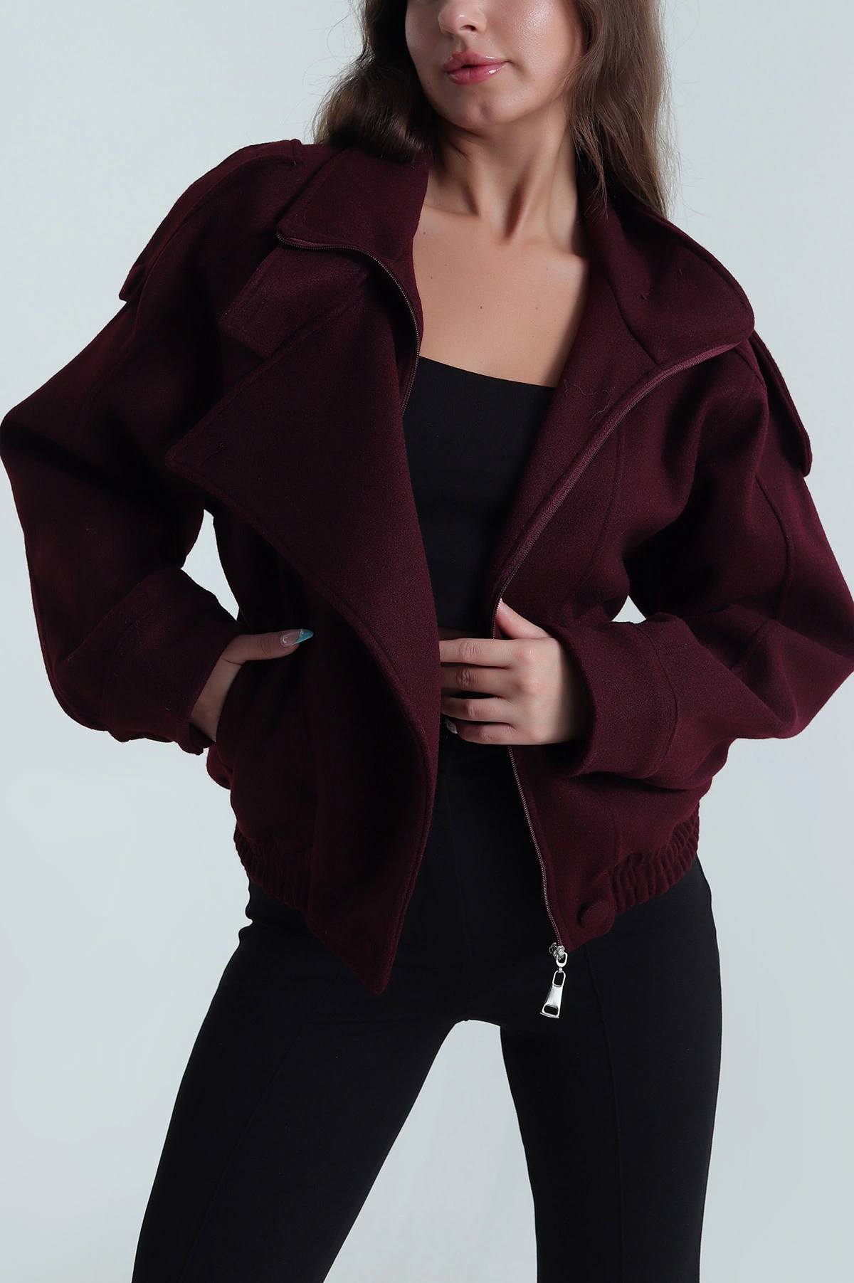 Mor Yeni Sezon Biker Kaşe Kadın Mont 484492