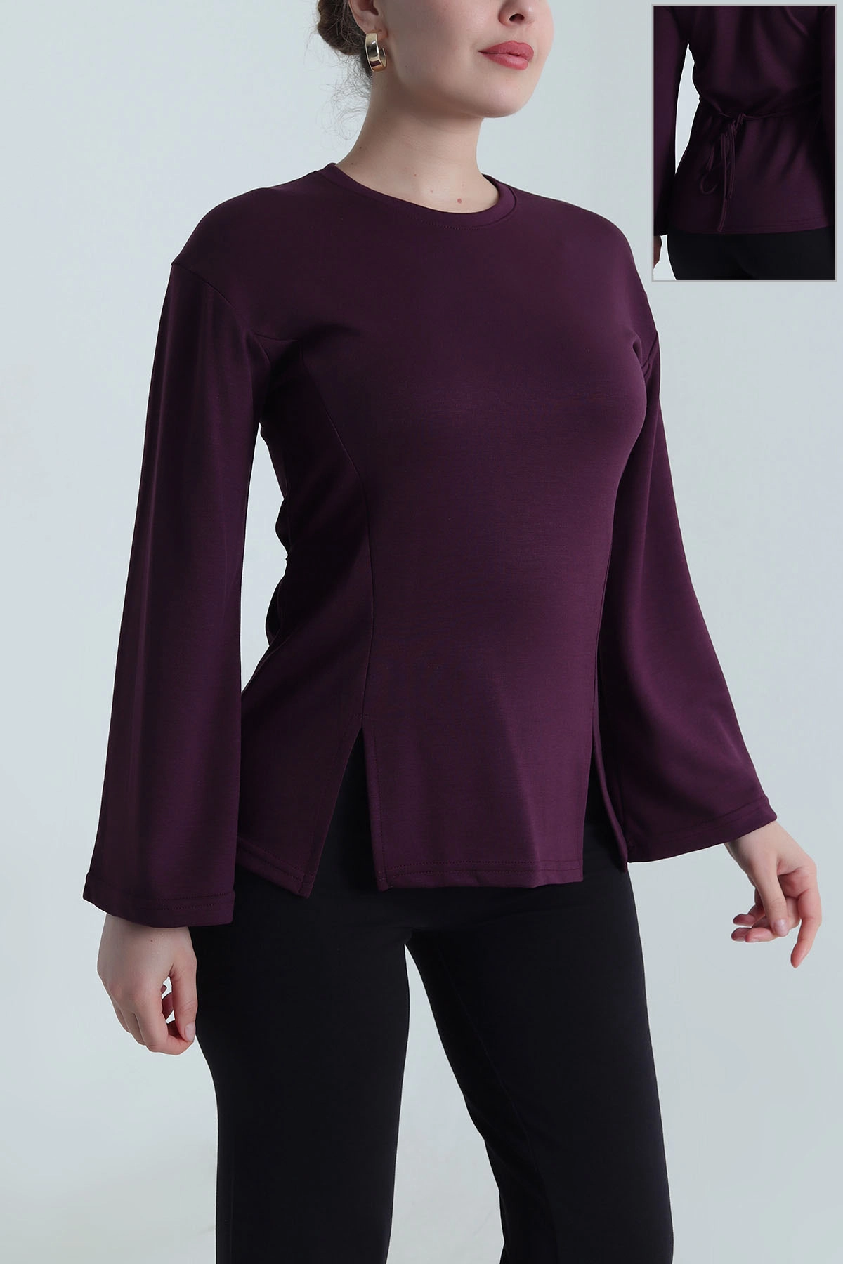 Mor Yırtmaçlı Bağlamalı Modal Kadın Bluz 493708