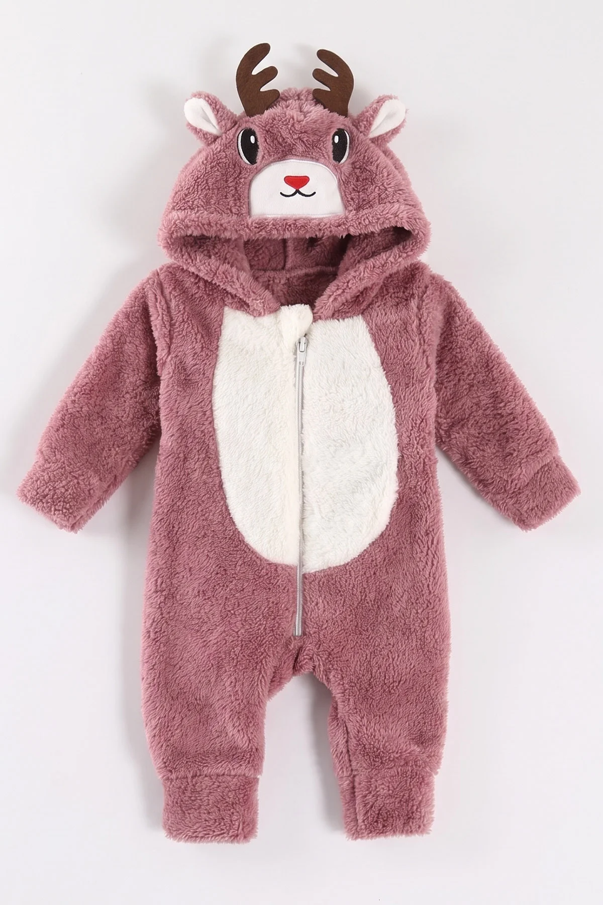 Mürdüm (0-12 Ay) Kapüşonu Geyik Nakışlı  Peluş Kız Bebek Tulum 495377