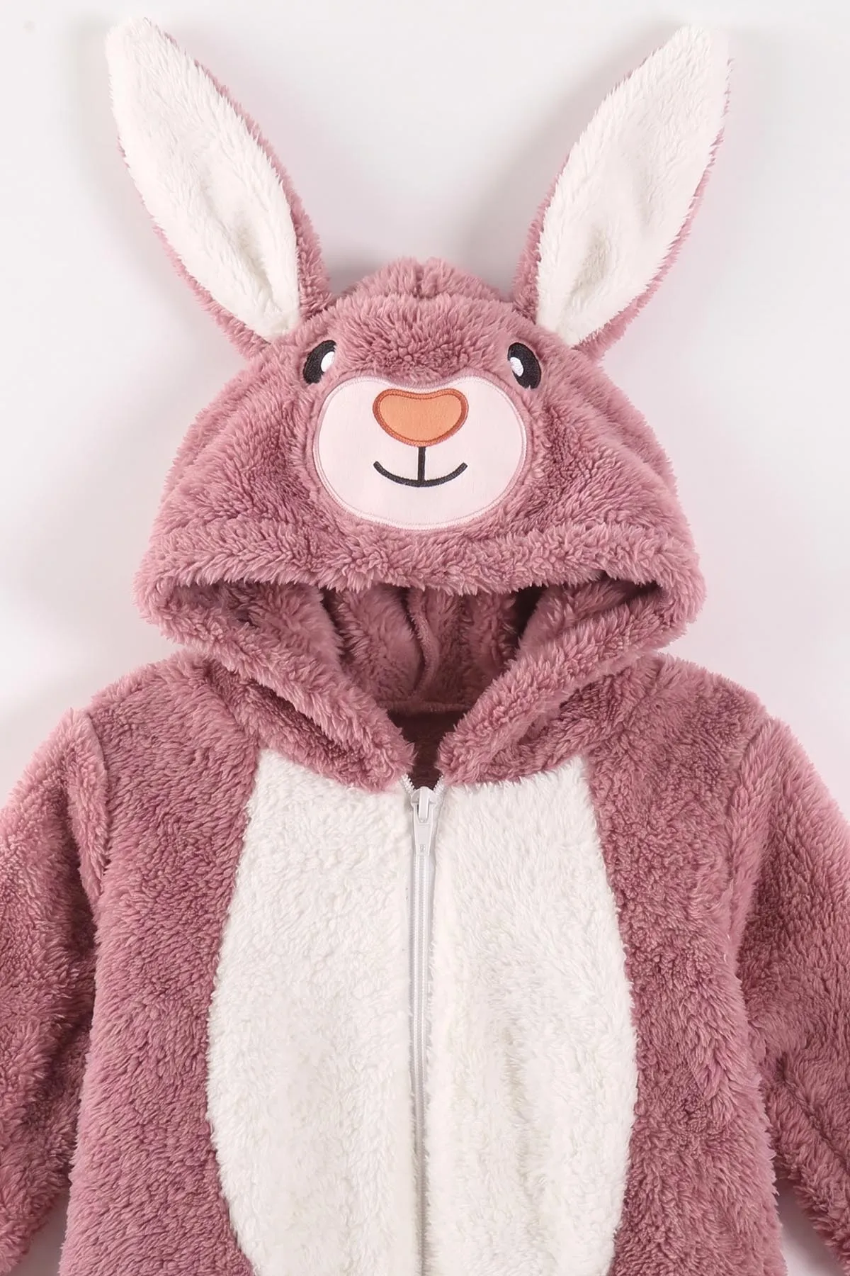 Mürdüm (0-12 Ay) Kapüşonu Tavşan Nakışlı  Peluş Unisex Bebek Tulum 495384