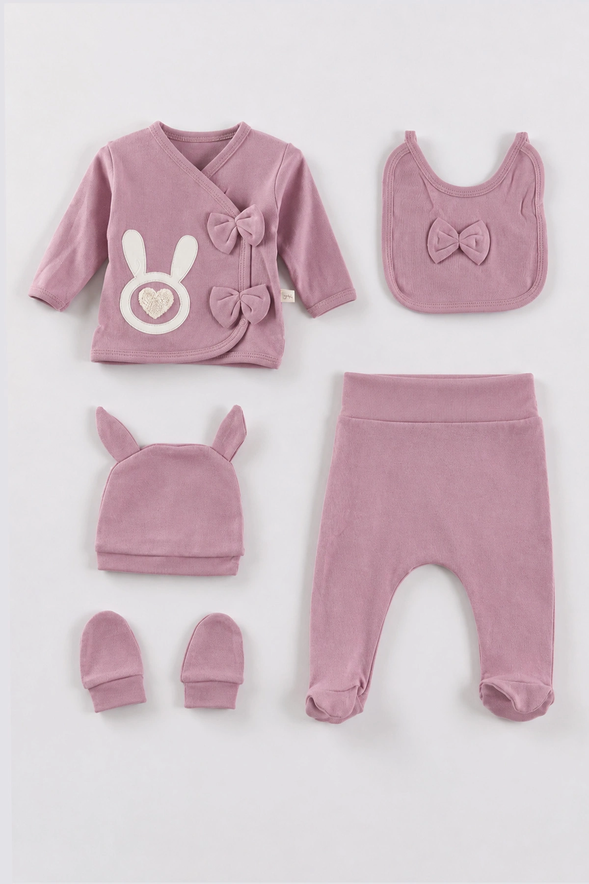 Mürdüm (0-3 Ay) Aplikeli Tavşan Nakışlı 5'li Kız Bebek Zıbın Takım 479254