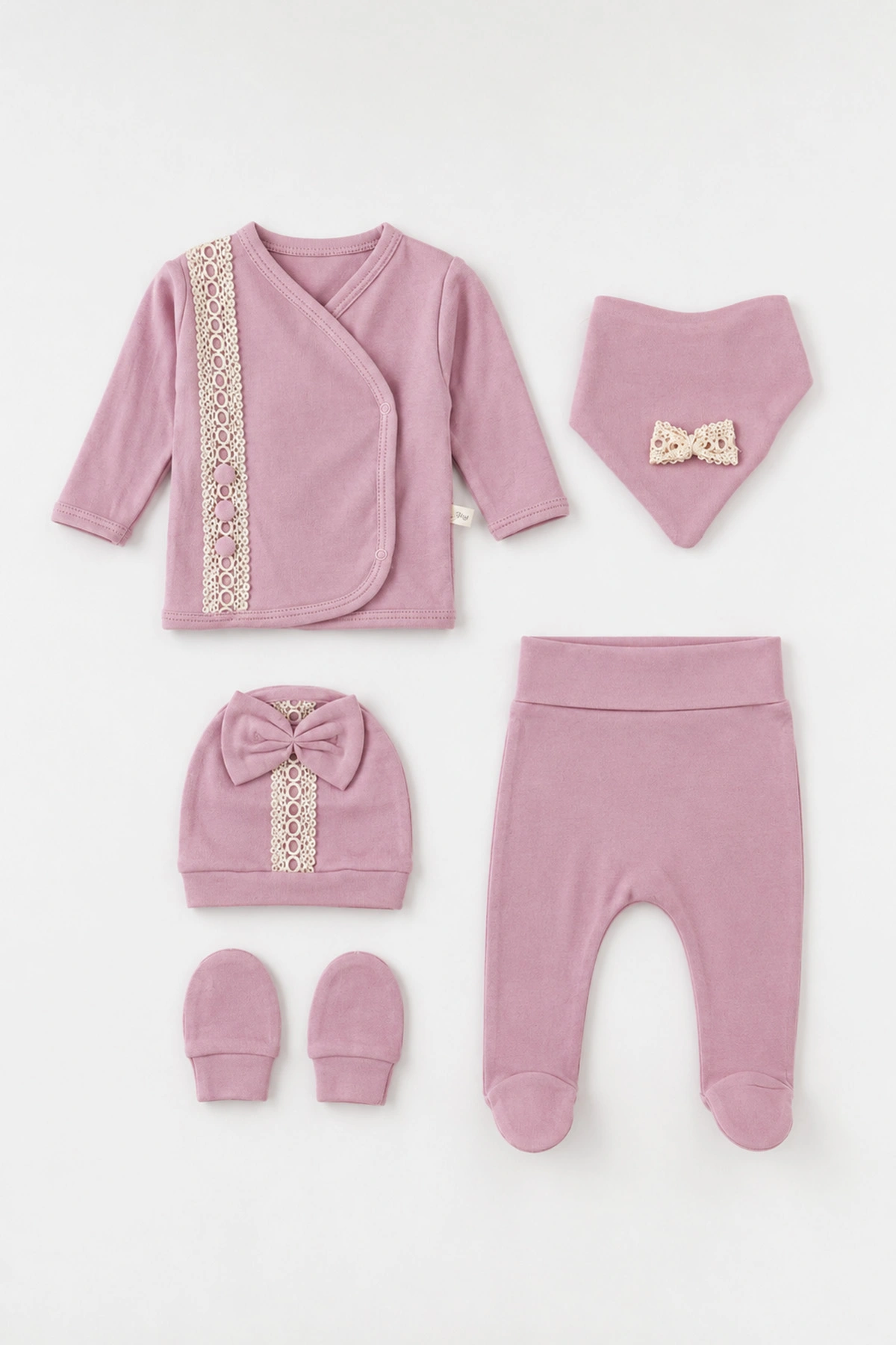Mürdüm (0-3 Ay) Önü Fistolu 5'li Kız Bebek Zıbın Takım 479248