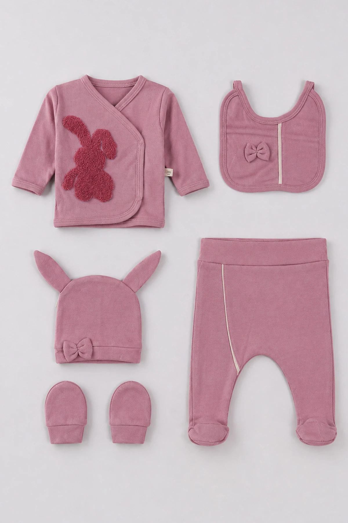 Mürdüm (0-3 Ay) Süzene Tavşan Nakışlı 5'li Kız Bebek Zıbın Takım 479263