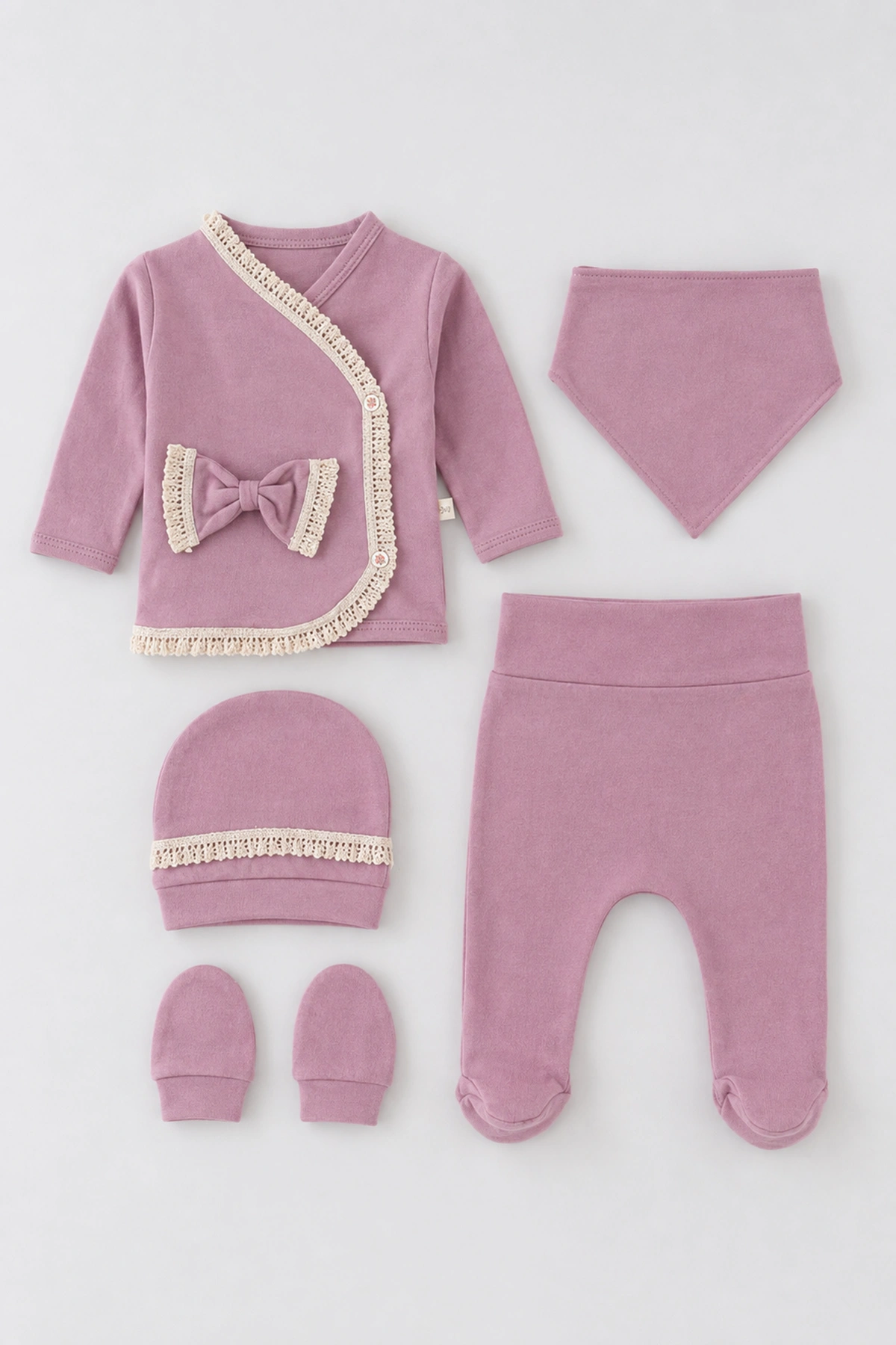 Mürdüm (0-3 Ay)Büzgülü Fistolu Yandan Çıtlı Yenidoğan 5'li Kız Bebek Zıbın Seti 479270