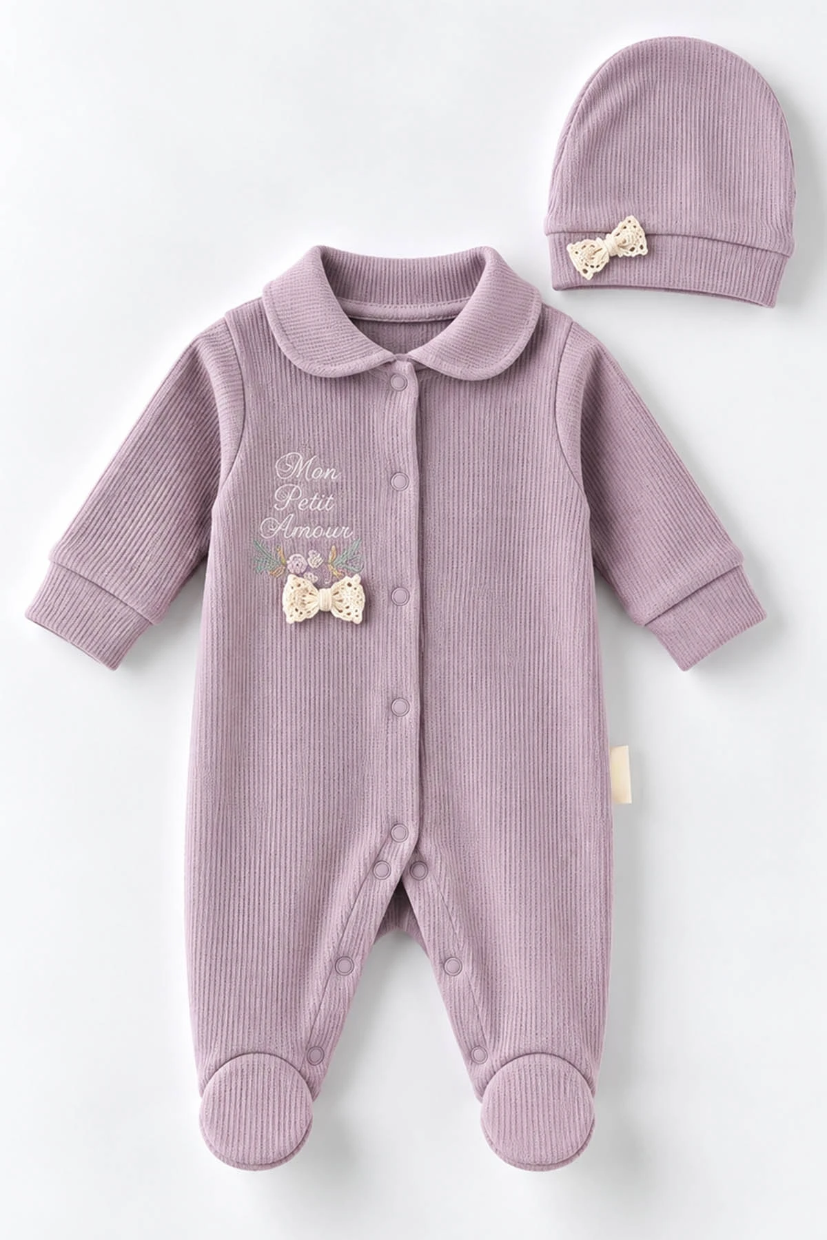 Mürdüm (0-9 Ay)  Fiyonklu Çiçek Nakışlı Waffle Kumaş Çıtçıtlı Şapkalı Kız Bebek Tulum 486986