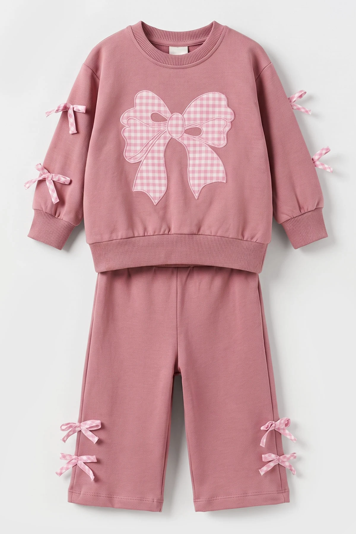 Mürdüm (1-4 Yaş) Kareli Fiyonk  Nakışlı   Sweatli  2 İp Kız Çocuk&Bebek 2'li Takım 495249
