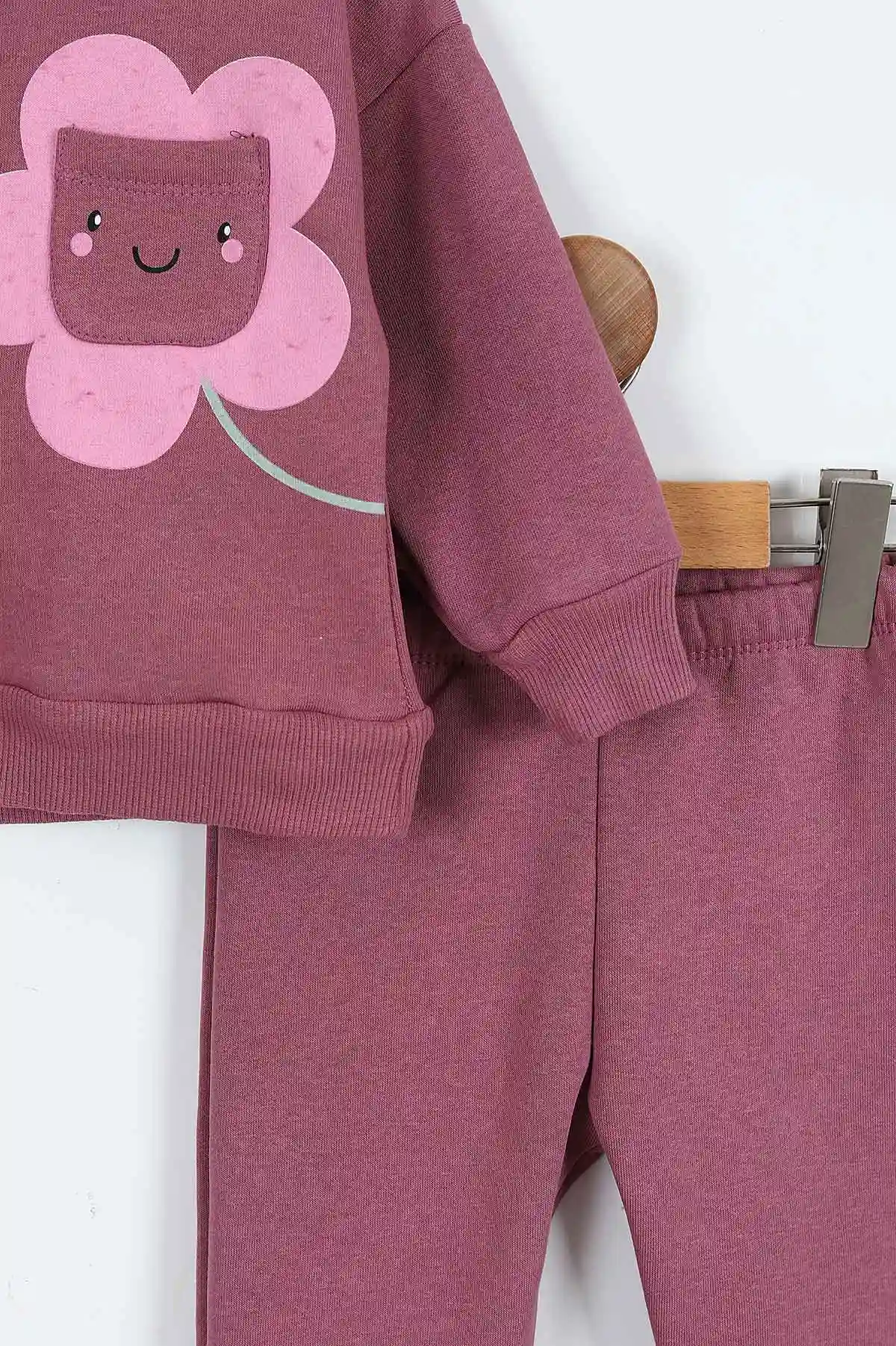 Mürdüm (1-4 Yaş)Baskılı Cep Detaylı Üç İp Şardonlu Kız Bebek & Çocuk Takım 403446