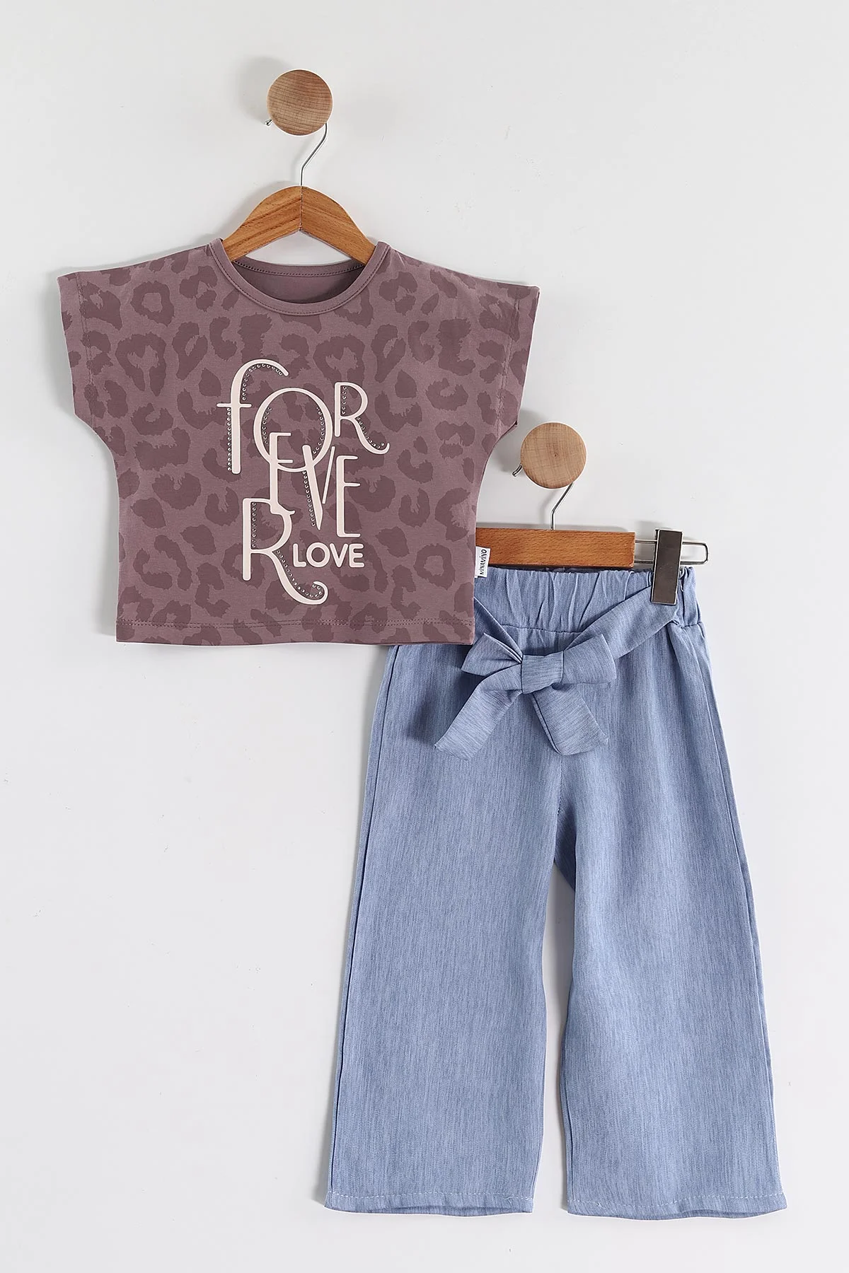 Mürdüm (1-5 Yaş) For Love Taş Baskılı  Tensel Pantolonlu Kız Çocuk Yazlık Takım 436639