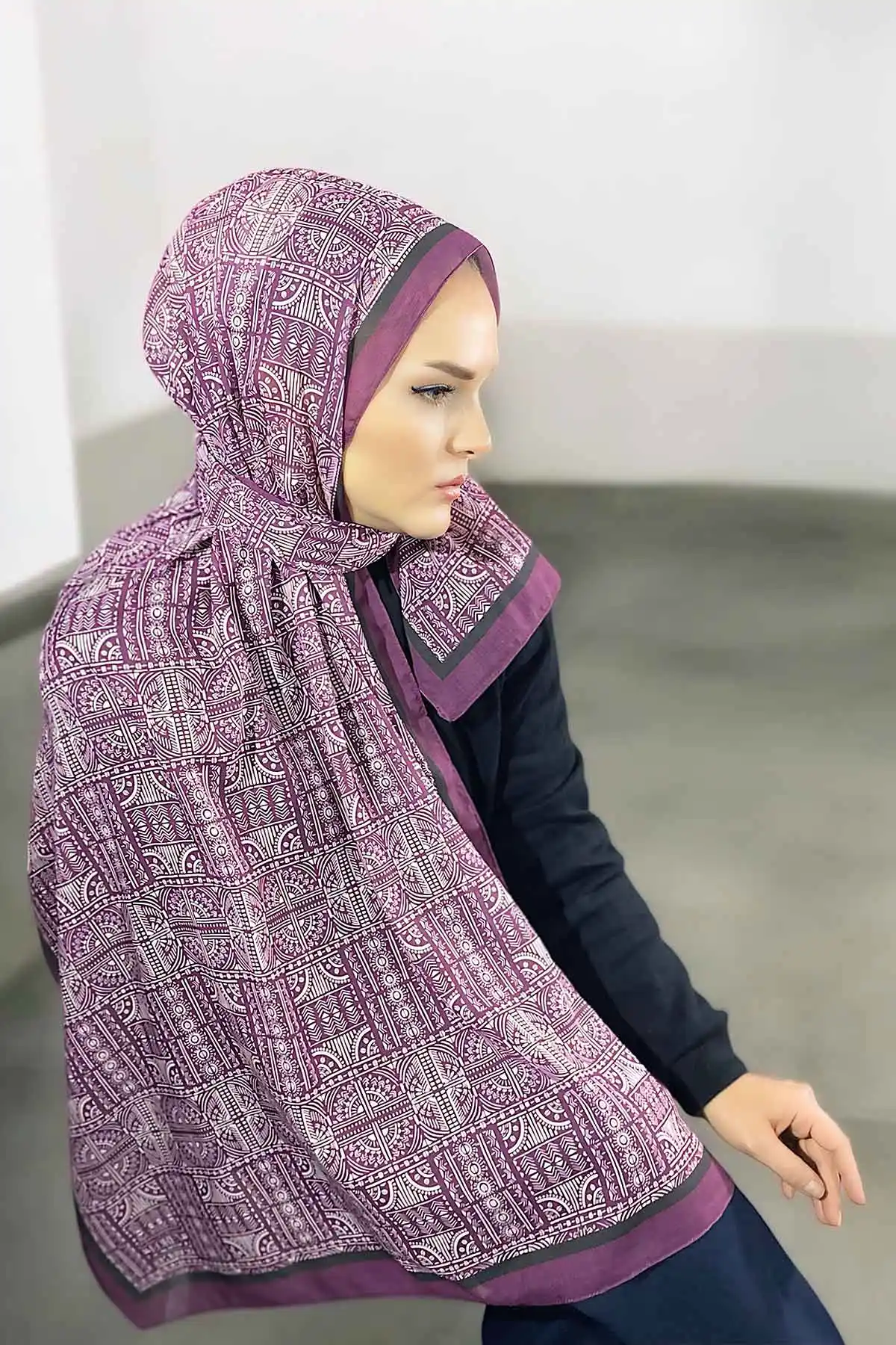 Mürdüm 180X70 cm Dijital Baskı Retro Desenli Pamuk Şal 335049
