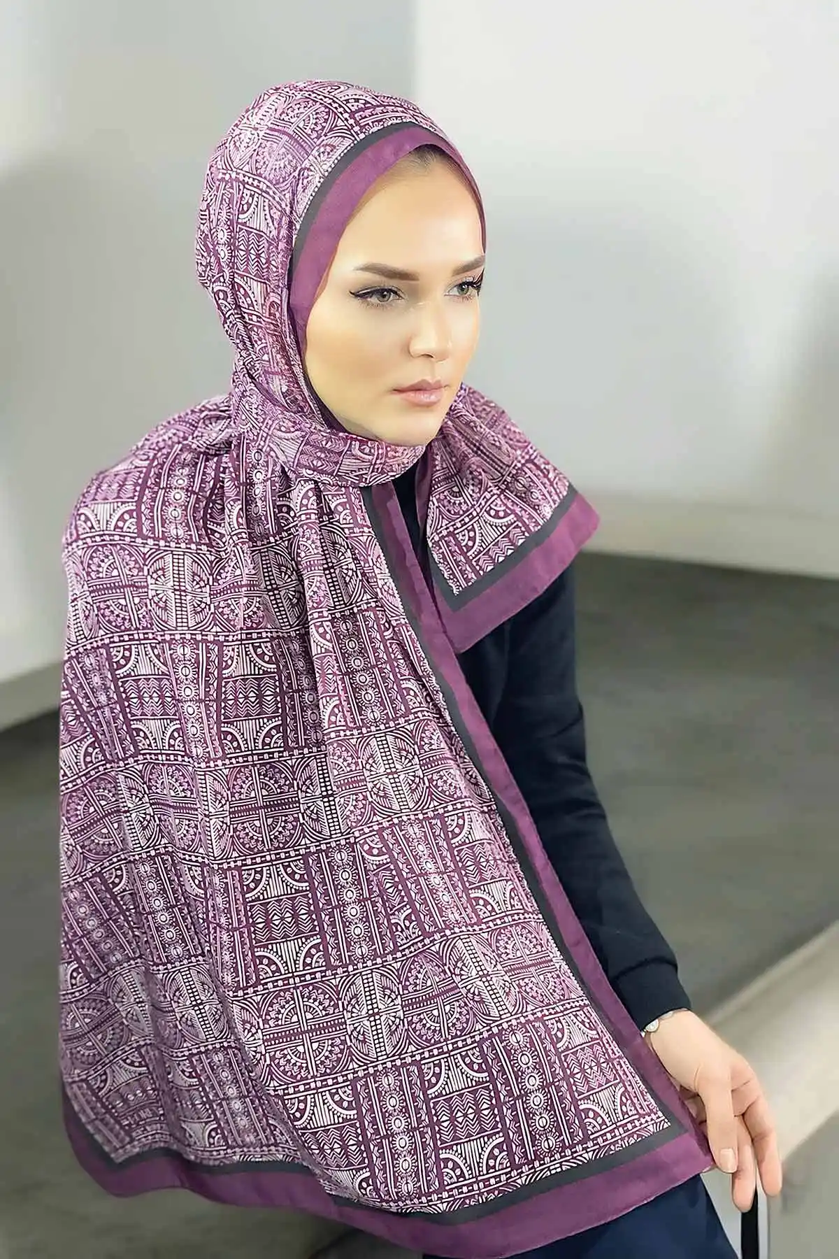 Mürdüm 180X70 cm Dijital Baskı Retro Desenli Pamuk Şal 335049
