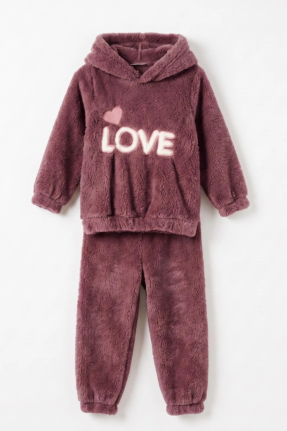 Mürdüm (2-7 Yaş) Love Nakışlı Kapüşonlu Peluş Kız Çocuk Kışlık Takım 483211