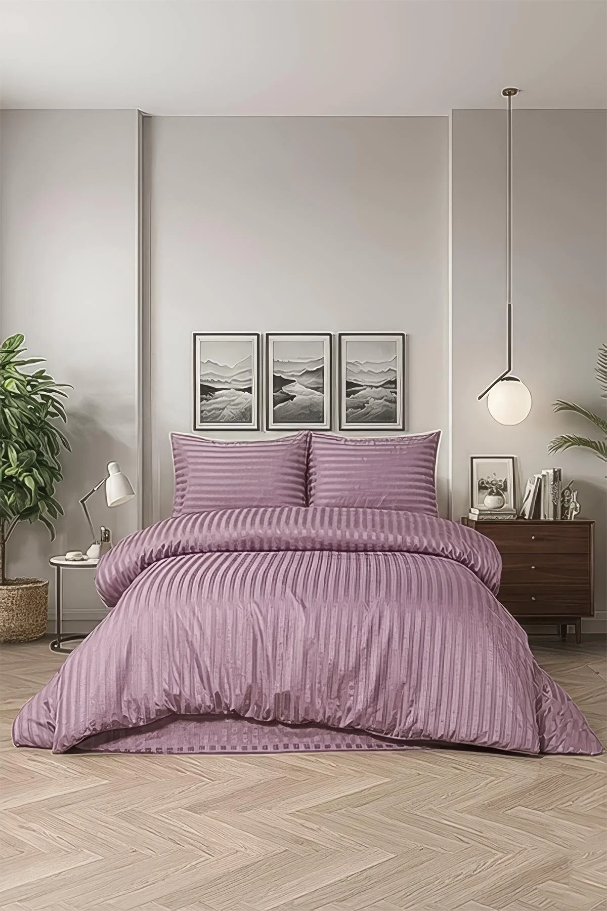 Mürdüm 200x220 Cm Bella Home Çift Kişilik Çizgili Saten Nevresim Takımı 446778