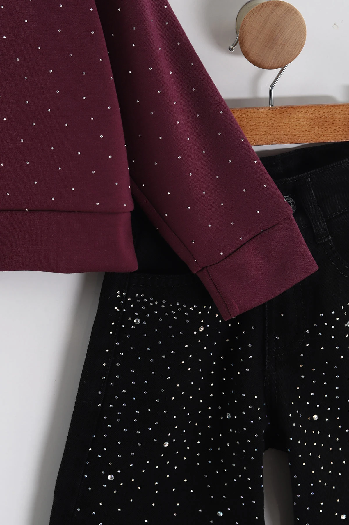 Mürdüm (3-10 Yaş) Taş Baskılı Oysho Sweatli Kot Pantolonlu Kız Çocuk 2'li Takım 443393