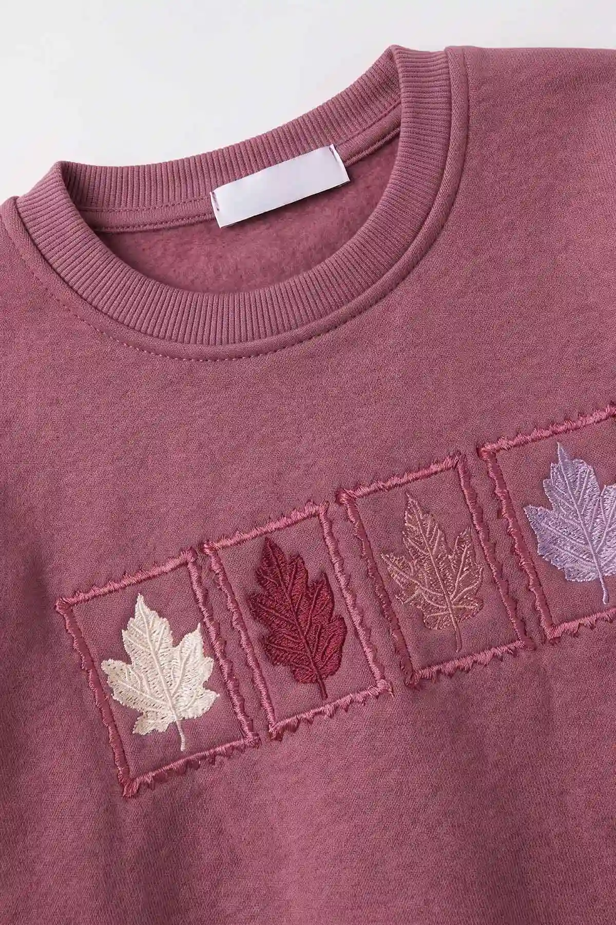 Mürdüm (3-12 Yaş) Yaprak Nakışlı 3 İp Şardonlu Kız Çocuk Sweatshirt 478774