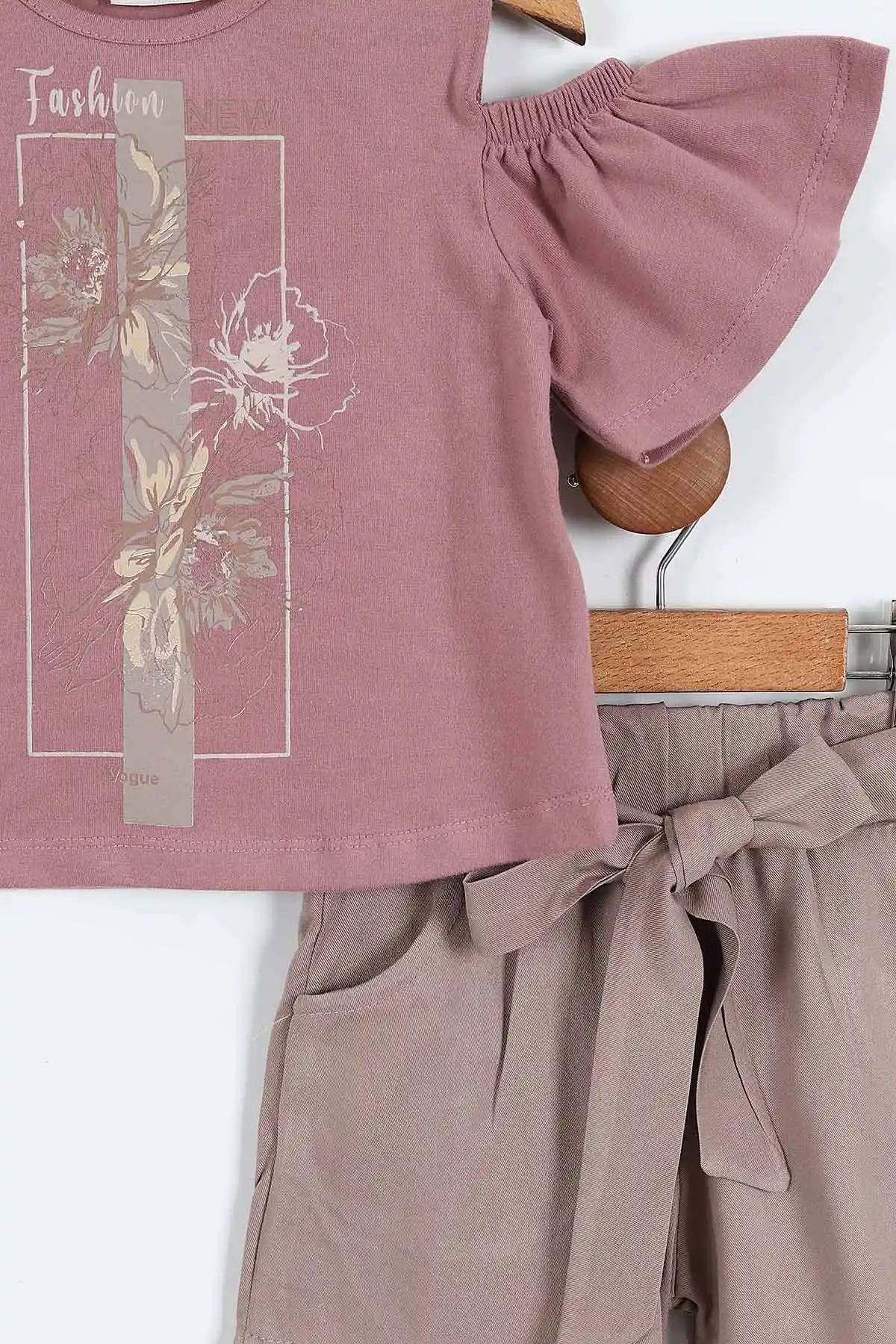 Mürdüm (3-7 Yaş) Fashion Baskılı Açık Omuz Detaylı Kemerli Şortlu Kız Çocuk Yazlık Takım 361719