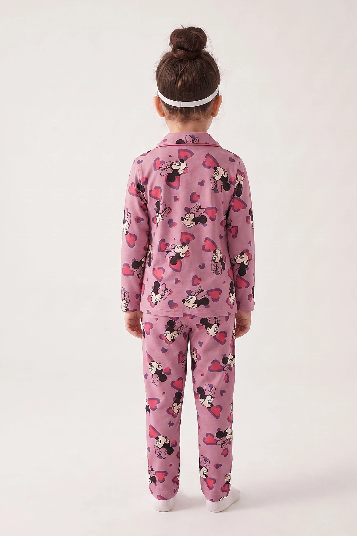 Mürdüm (4-12 Yaş) Desenli   Uzun Kol  Ön Düğmeli Göz Bandı Detaylı Kız Çocuk Pijama Takım 473658