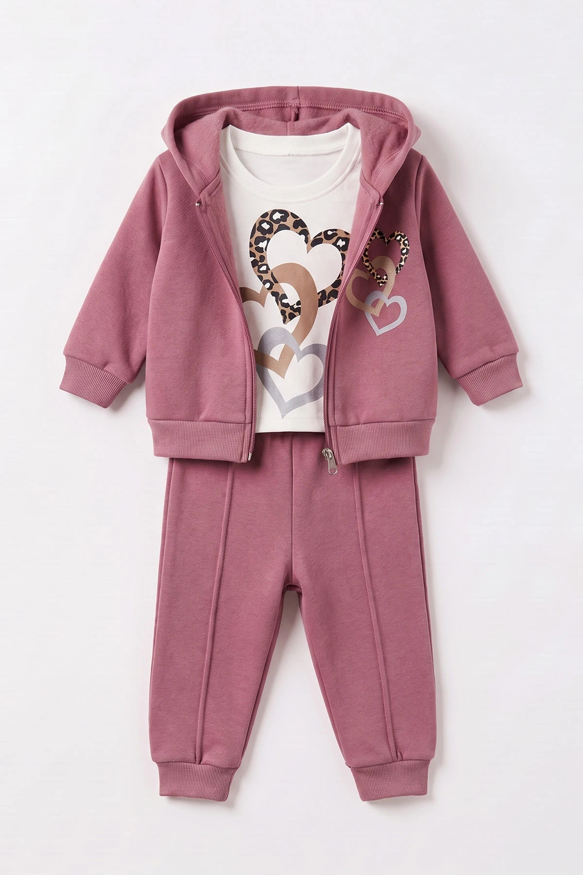 Mürdüm (6-24 Ay) Leopar Kalp Baskılı Hırkalı 3 İp Şardonlu Kız Bebek 3'lü Takım 497332