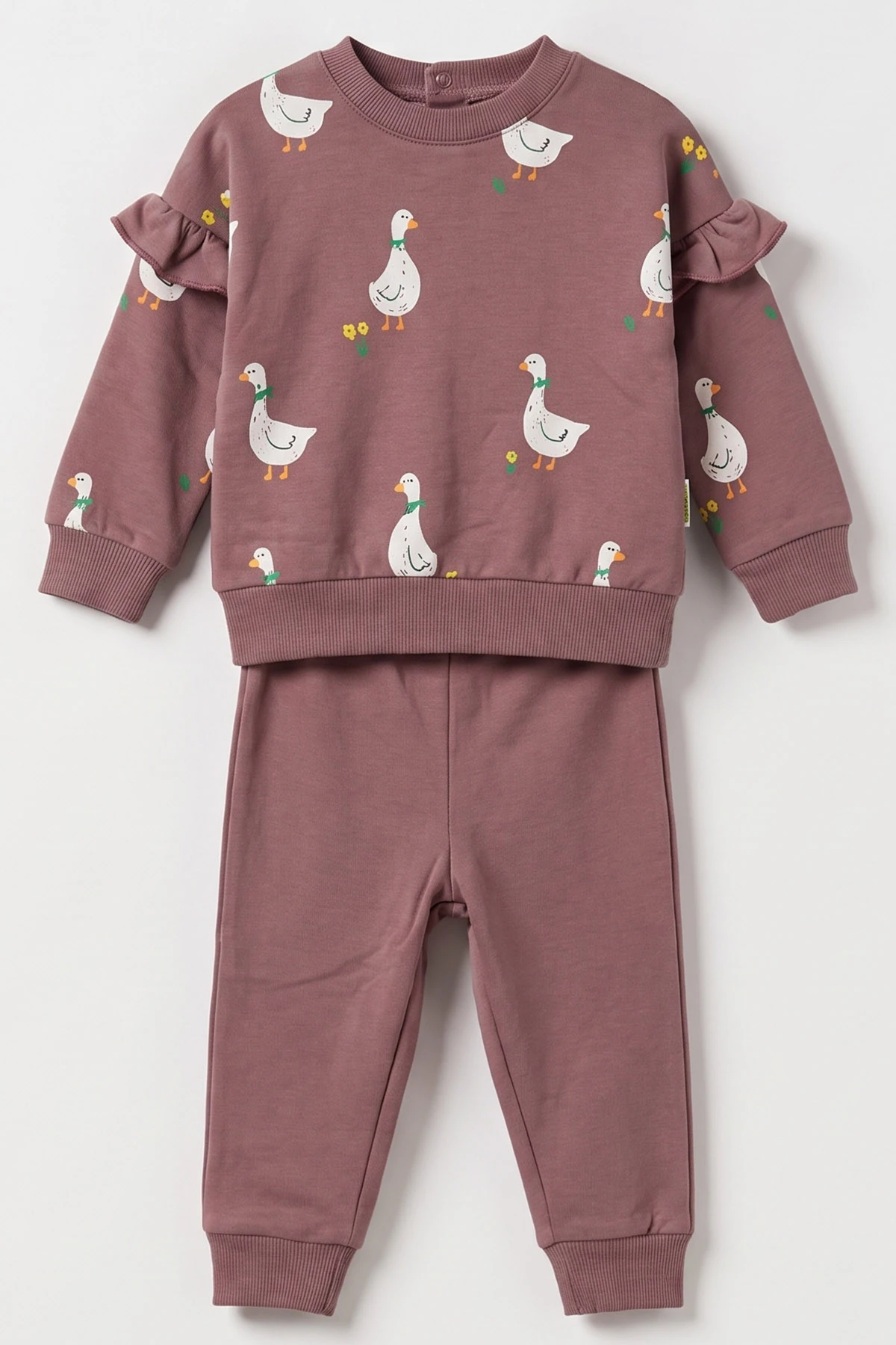 Mürdüm (6-24 Ay ) Ördek Baskılı Koldan Fırfırlı İki İp Kız Bebek Takım 479099