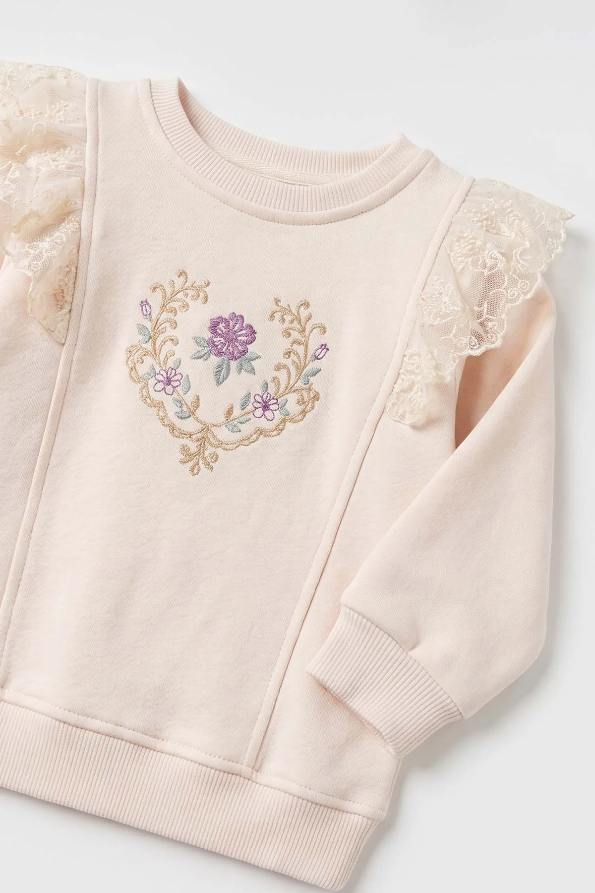 Mürdüm (6-24 Ay) Yaka Dantelli Çiçek Nakışlı Şardonlu Kız Bebek Takım 496249