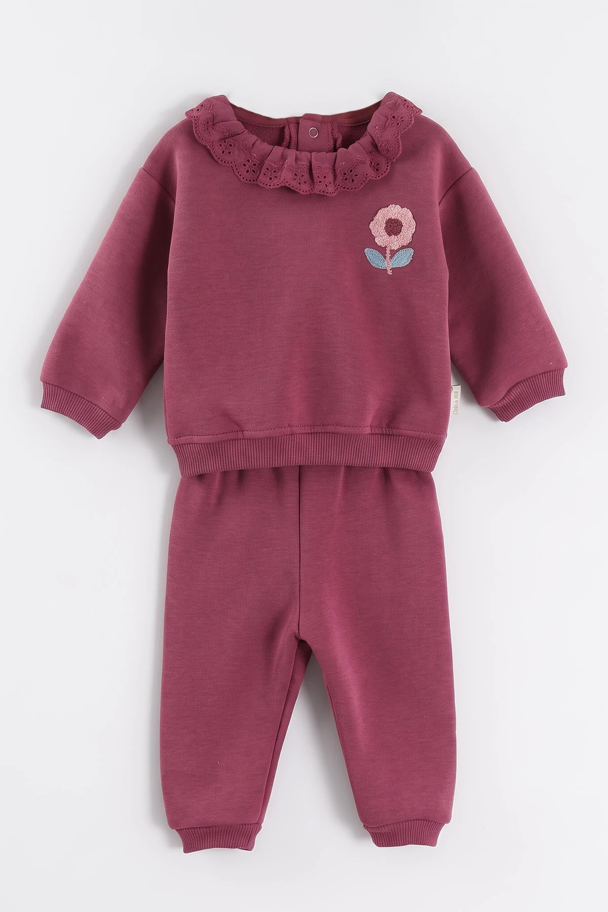 Mürdüm (6-24 Ay) Yakası Güpürlü Papatya Nakışlı çi Şardonlu Kız Bebek Kışlık Takım 497077