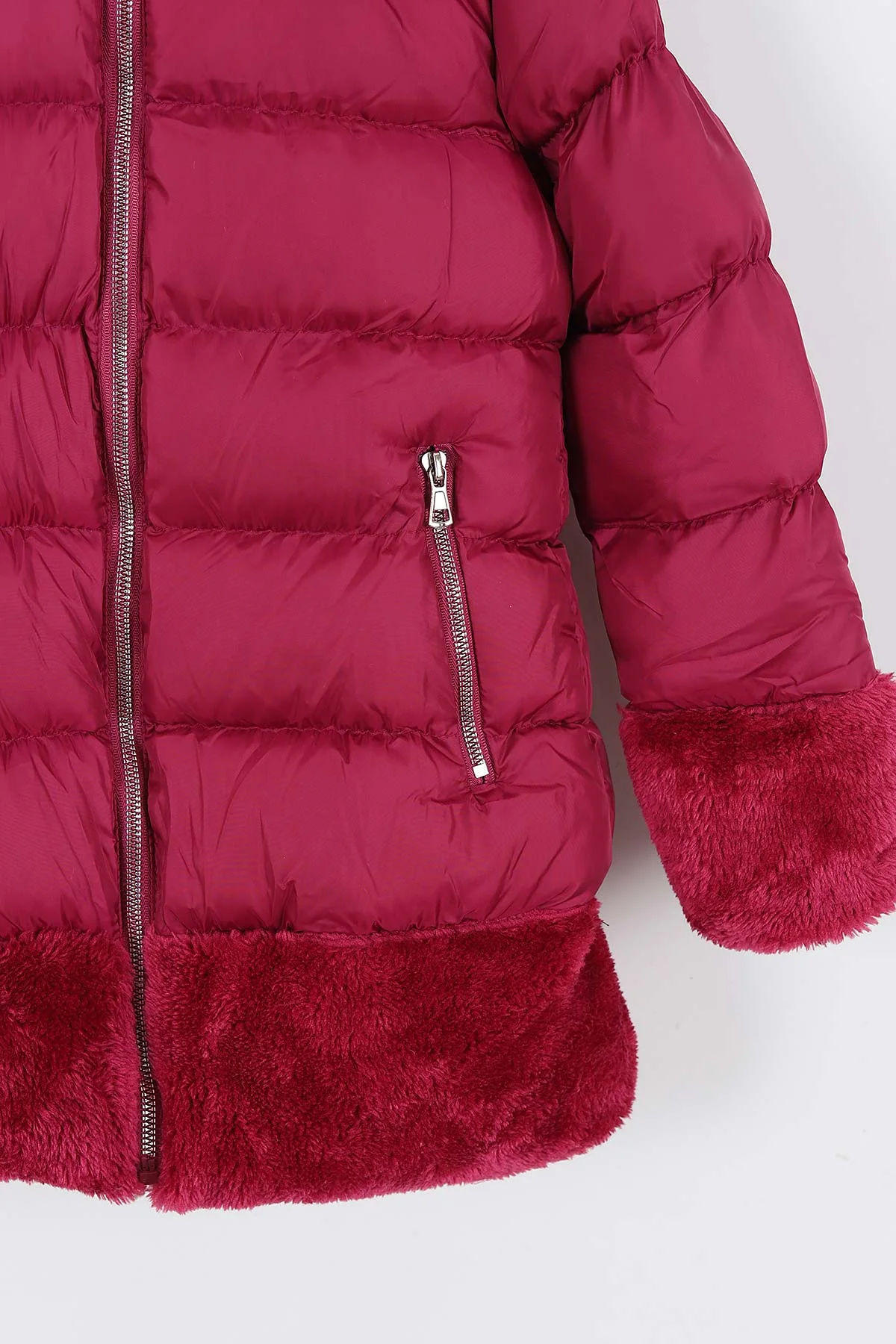 Mürdüm (7-10 Yaş) Etek Kol ve Kapüşon Peluşlu İç kürklü Dolgun Kız Çocuk Mont 309220