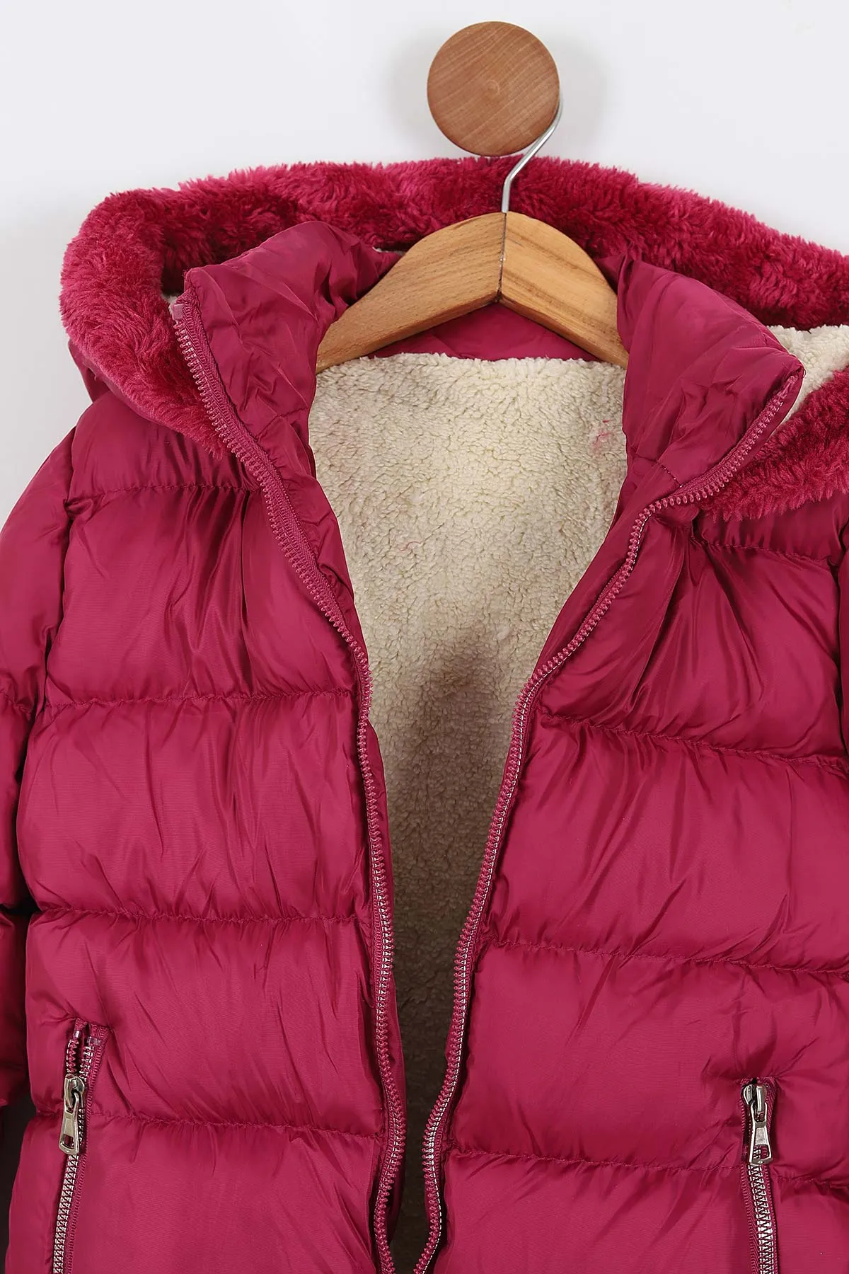 Mürdüm (7-10 Yaş) Etek Kol ve Kapüşon Peluşlu İç kürklü Dolgun Kız Çocuk Mont 309220