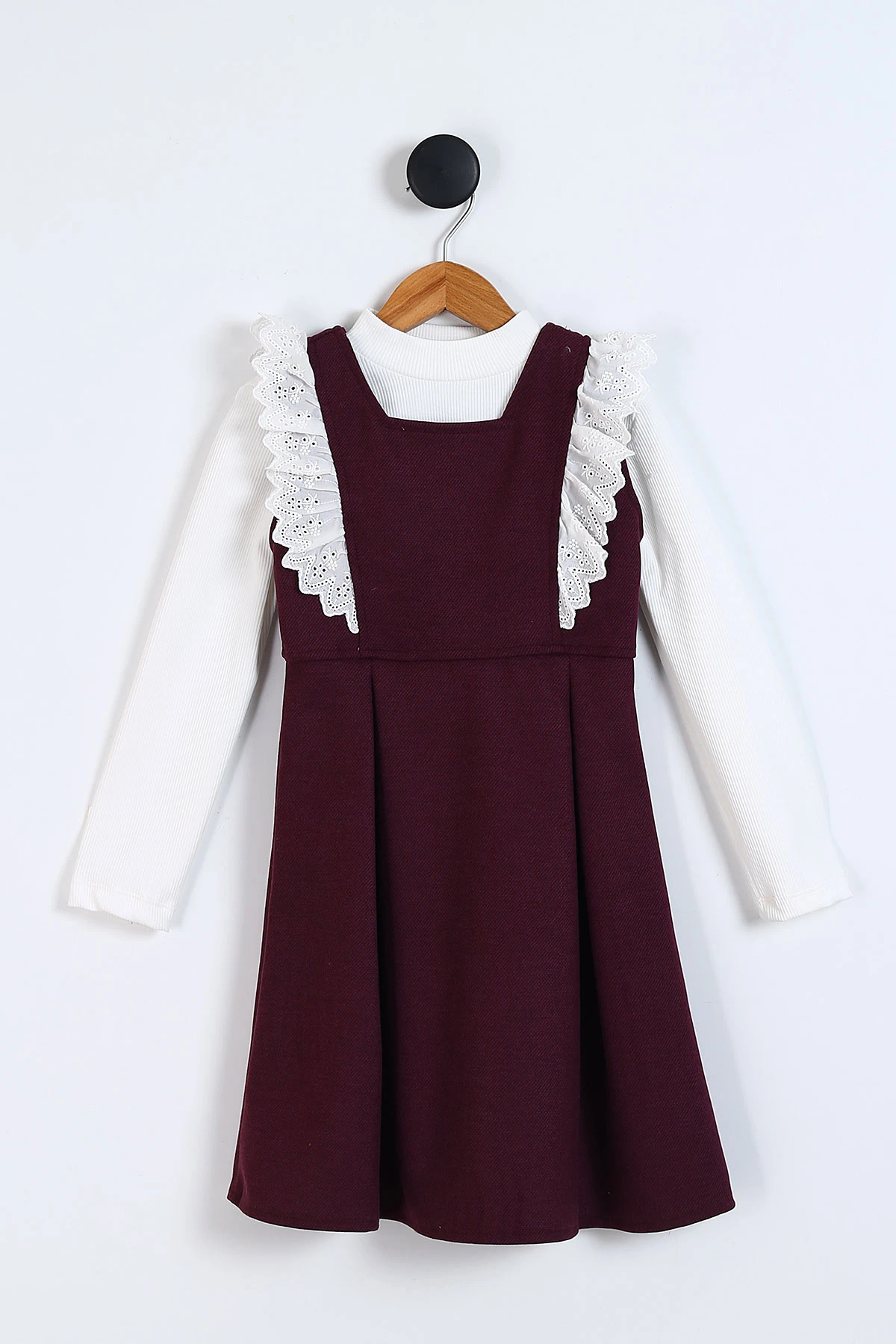 Mürdüm (7-10 Yaş)Fırfırlı Dantelli Kız Çocuk Jile Elbise 338070