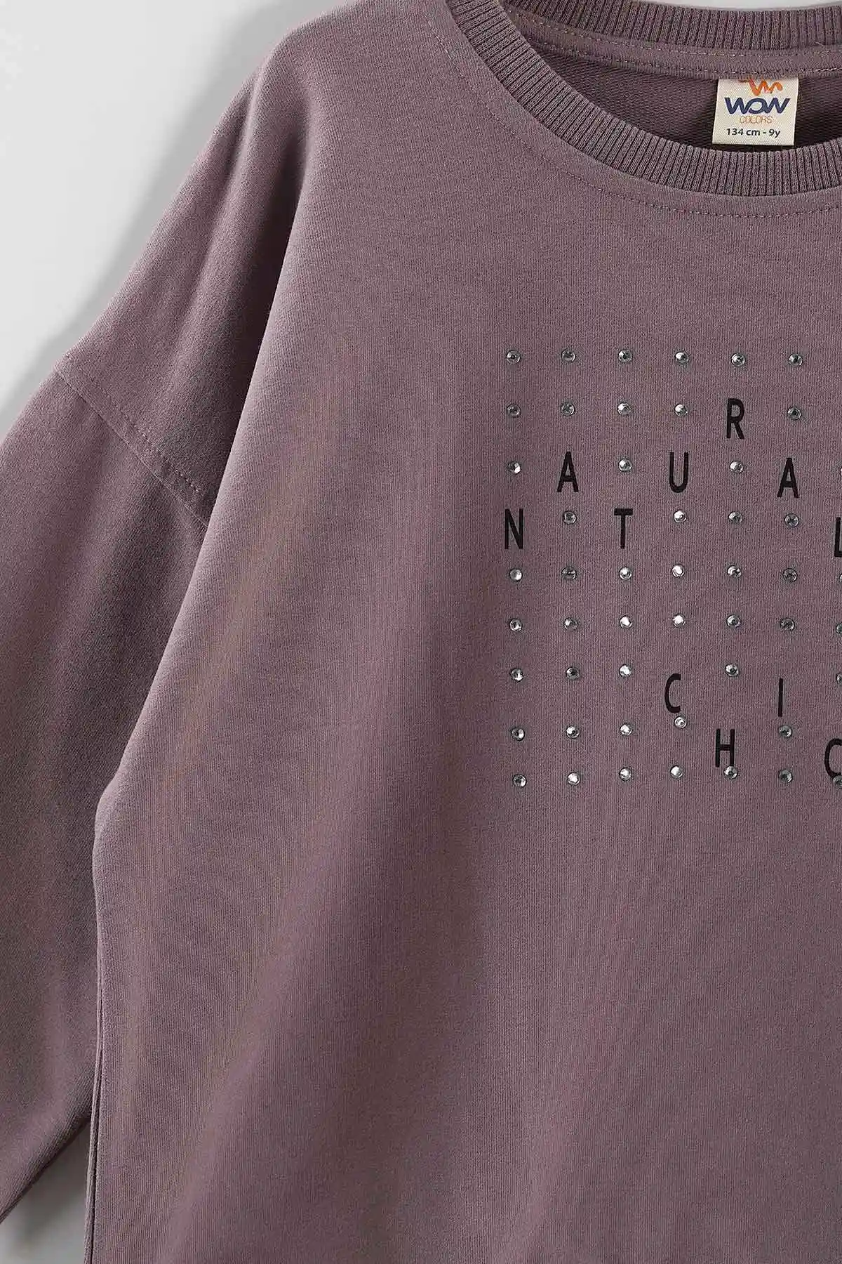 Mürdüm (9-12 Yaş)Önü Taşlı Kız Çocuk Sweatshirt 432947