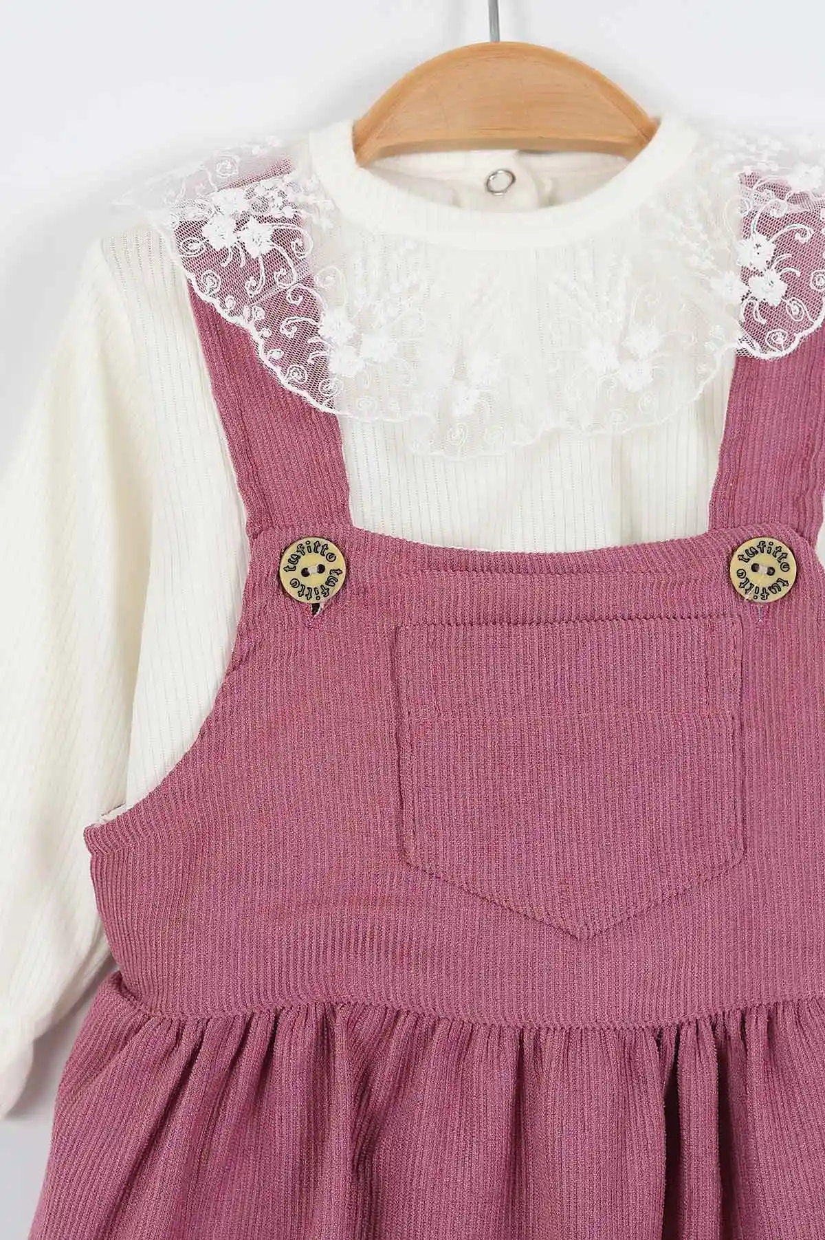 Mürdüm (9-24 Ay) Ön Cep Detaylı Fitilli Kumaş Güpürlü  Badili Kız Bebek Elbise 338766